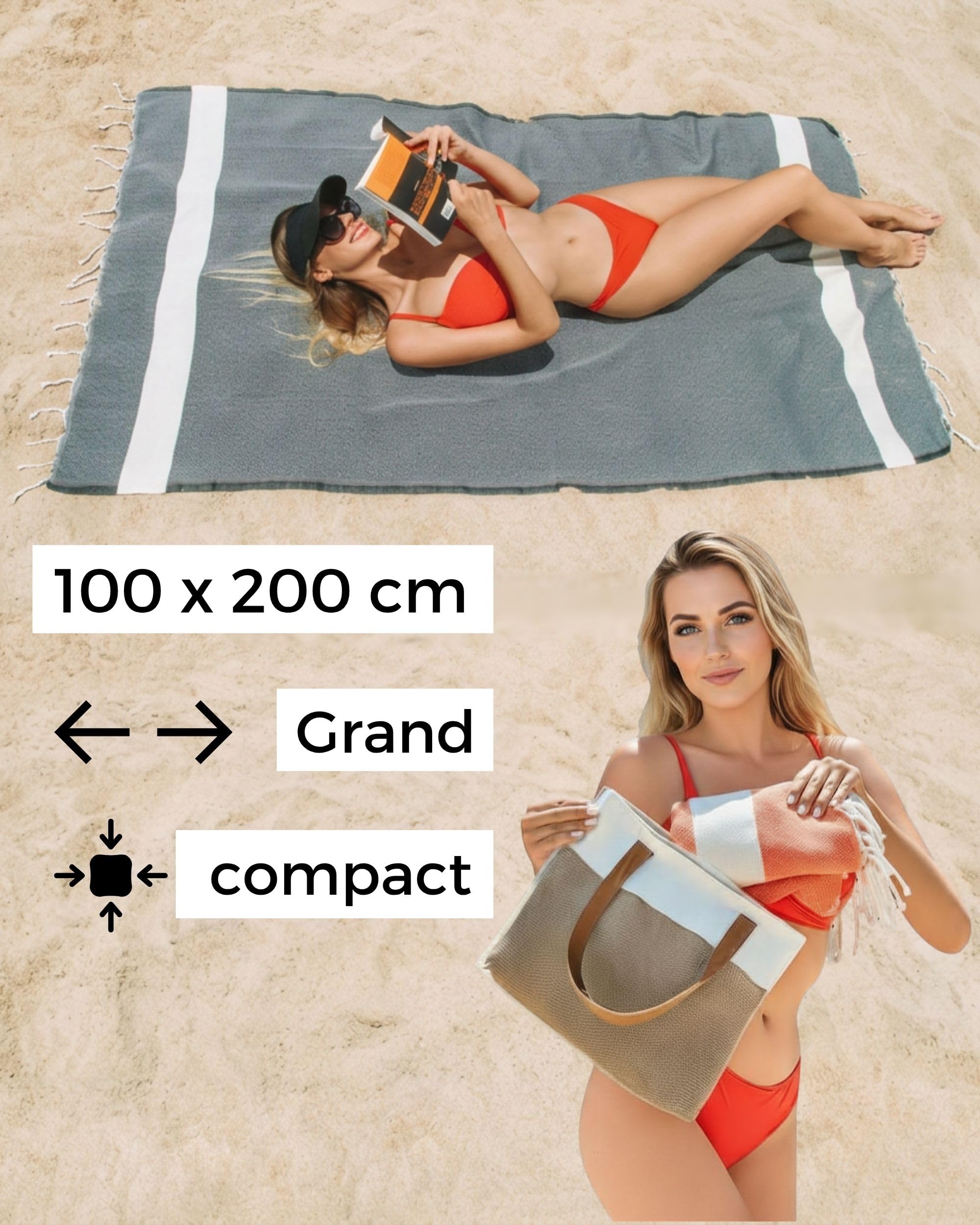 Serviette de Plage XXL - Lot de 2 - Coton | Fouta Plage 100x200 cm, Femme & Homme - Anti Sable, Grande Taille + Compact | Pique-Nique Tapis Drap de Plage Accessoire, Serviette Plage