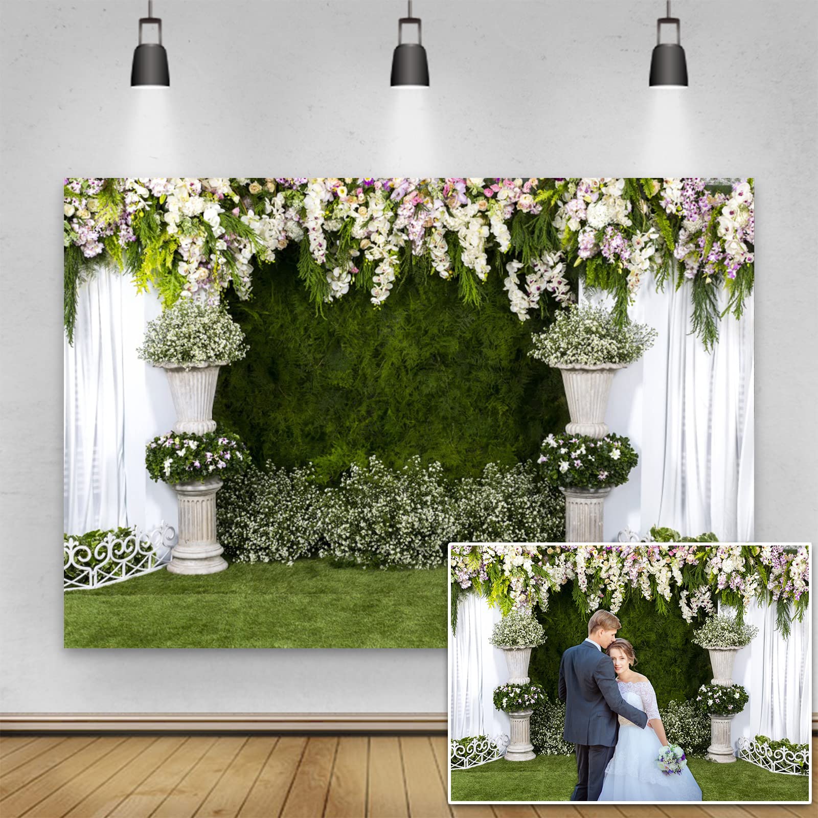 Yeele 10x6.5ft Grass Wall Flowers Wedding Ceremony Backdrop White Curtain Arch Stone Planter Background for Photography Engagement Party Wedding