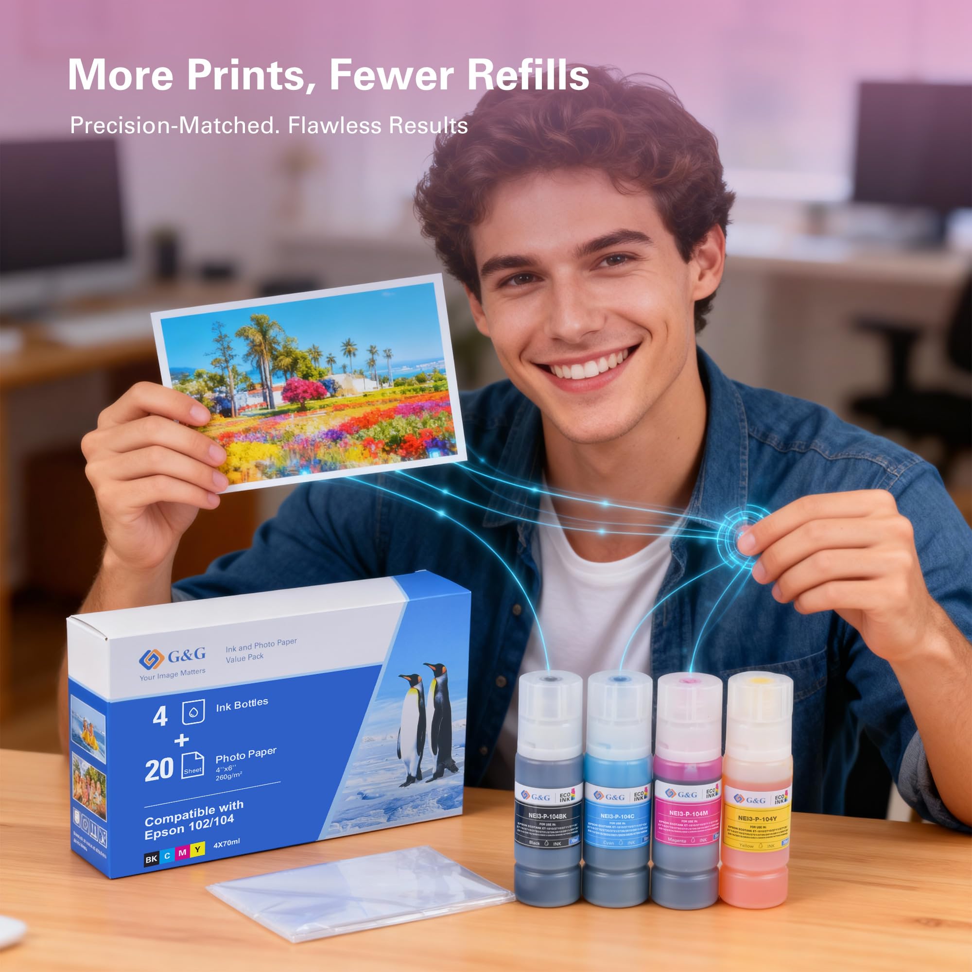 G&G Inchiostro Multipack Compatibile con Epson 102 104 per EcoTank ET-2850 ET-4800 ET-2720 ET-2712 ET-2714 ET-2715 ET-2720 ET-2721 ET-2726 ET-4700 (Inchiostro + carta fotografica)