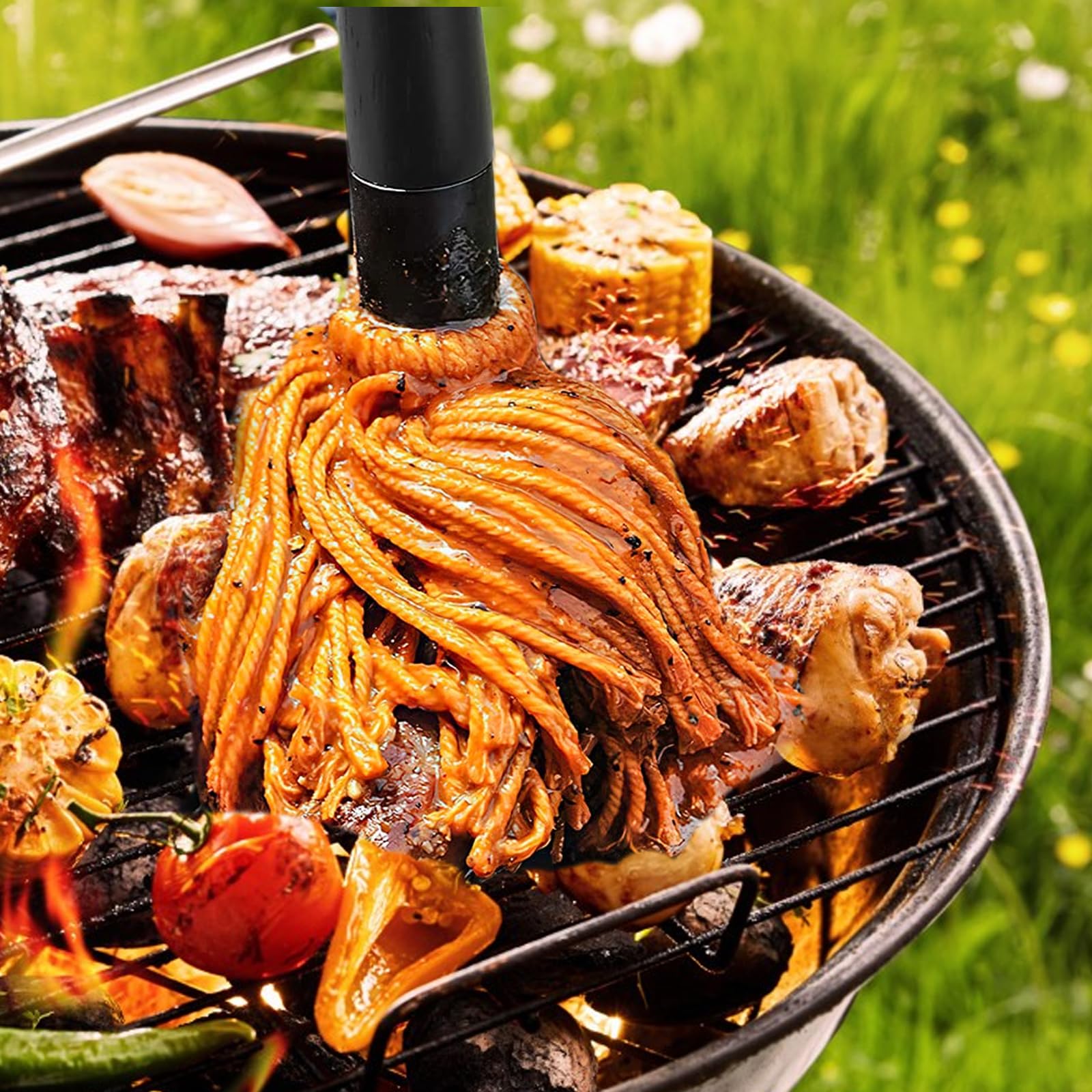 GEEKHOM Mocio per barbecue con manico in legno lungo 45,7 cm, con testine di ricambio, spazzola per salsa e barbecue, per arrostire bistecche, cottura