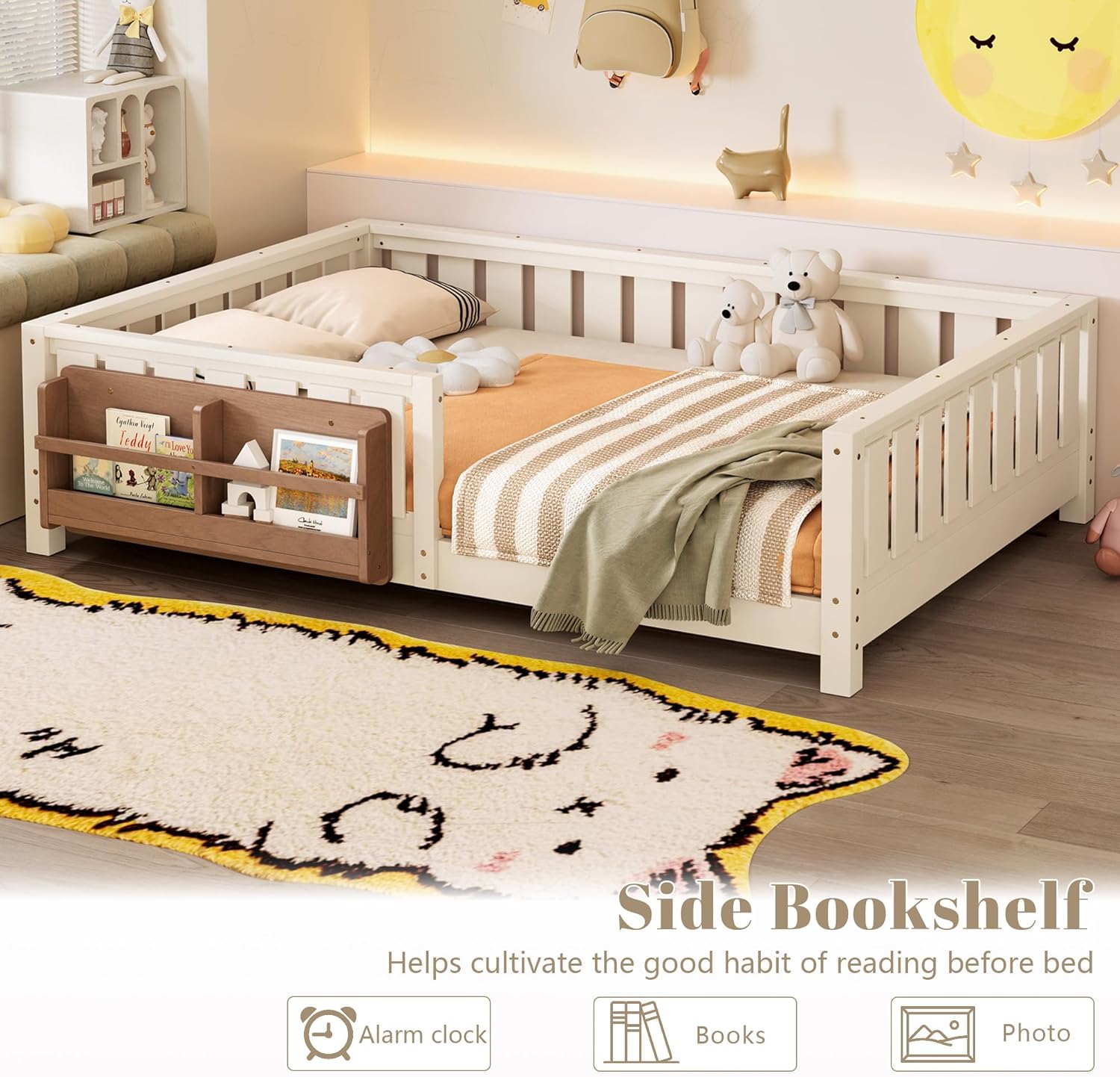Bellemave Full Floor Bed with Slats and Rails, Full Size Montessori Floor Bed with Bookcase and Fence, Easy Assemble Montessori Beds for Girls, Boys, Beige Floor Beds