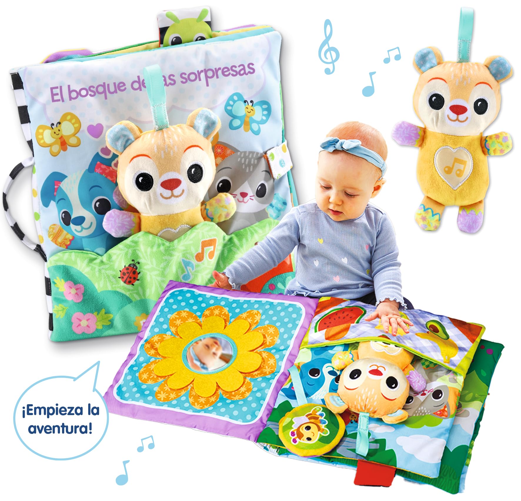 VTech-Baby Gran Libro sensorial El Bosque de Las sorpresas, Libro Grande de Tela, Interactivo, Elementos Móviles, Canciones y Melodías, Osito Separado, Regalo bebés +3 Meses, Versión ESP