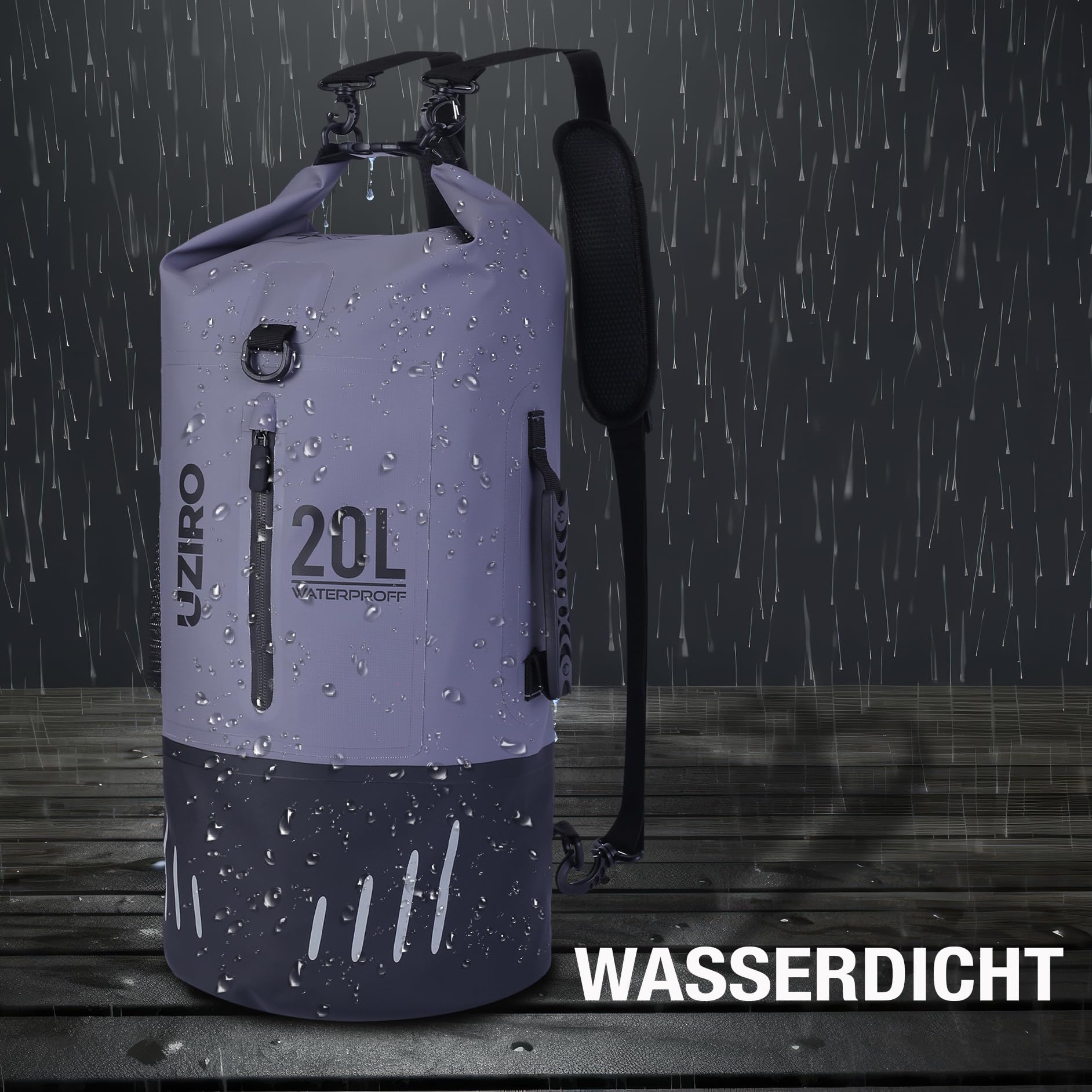 UZIRO Bolsa Estanca 20L, Mochila Impermeable para Kayak, Piscina, Pesca y Natación, Dry Bag Acuático, Resistente al Agua, Ideal para Actividades al Aire Libre, Color Gris