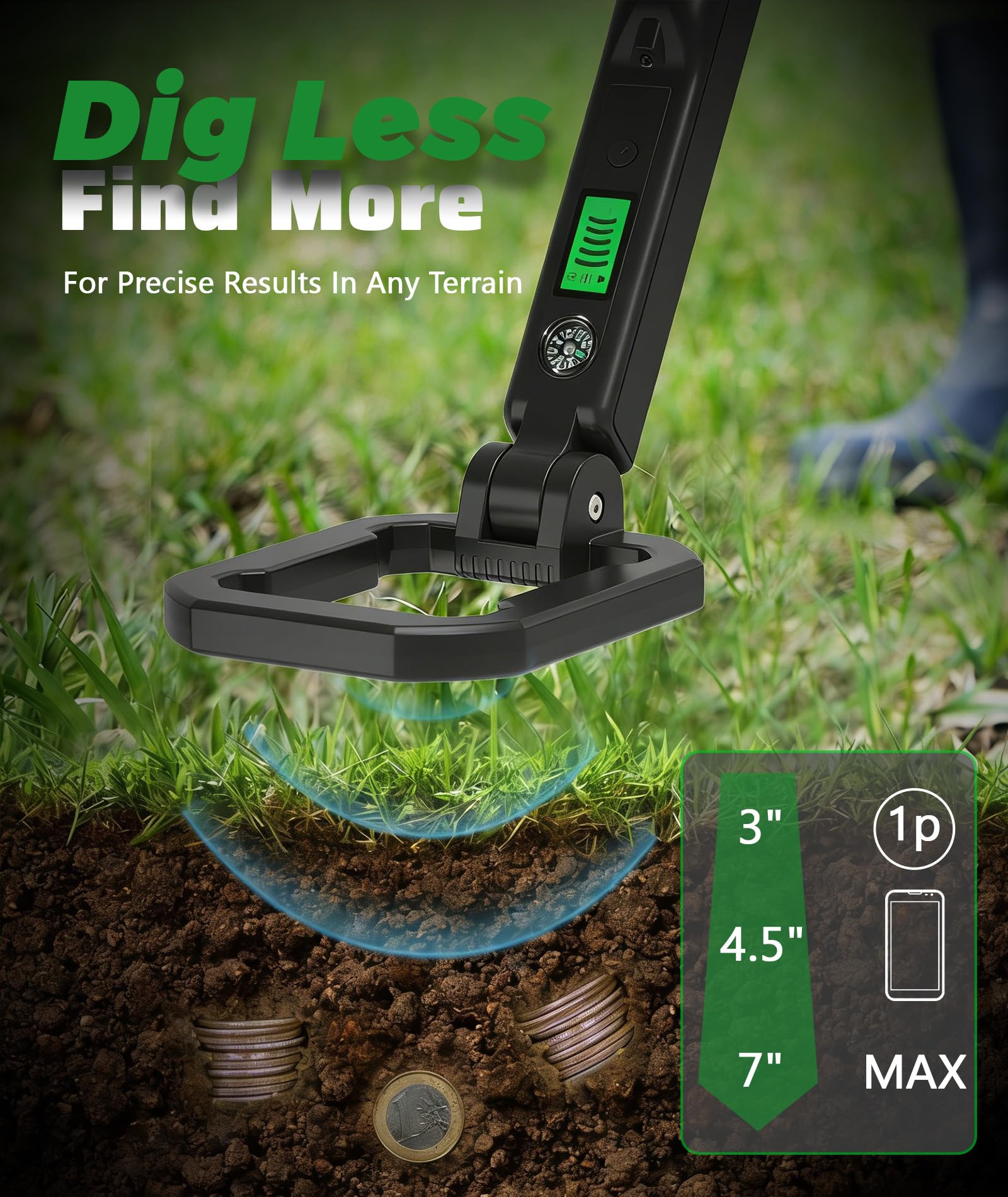 Detector de metales plegable de mano, resistente al agua IP66, para niños y adultos, ligero, portátil, herramienta de detección de 360° con pantalla LCD, brújula y luz LED, funciona con pilas de 9 V