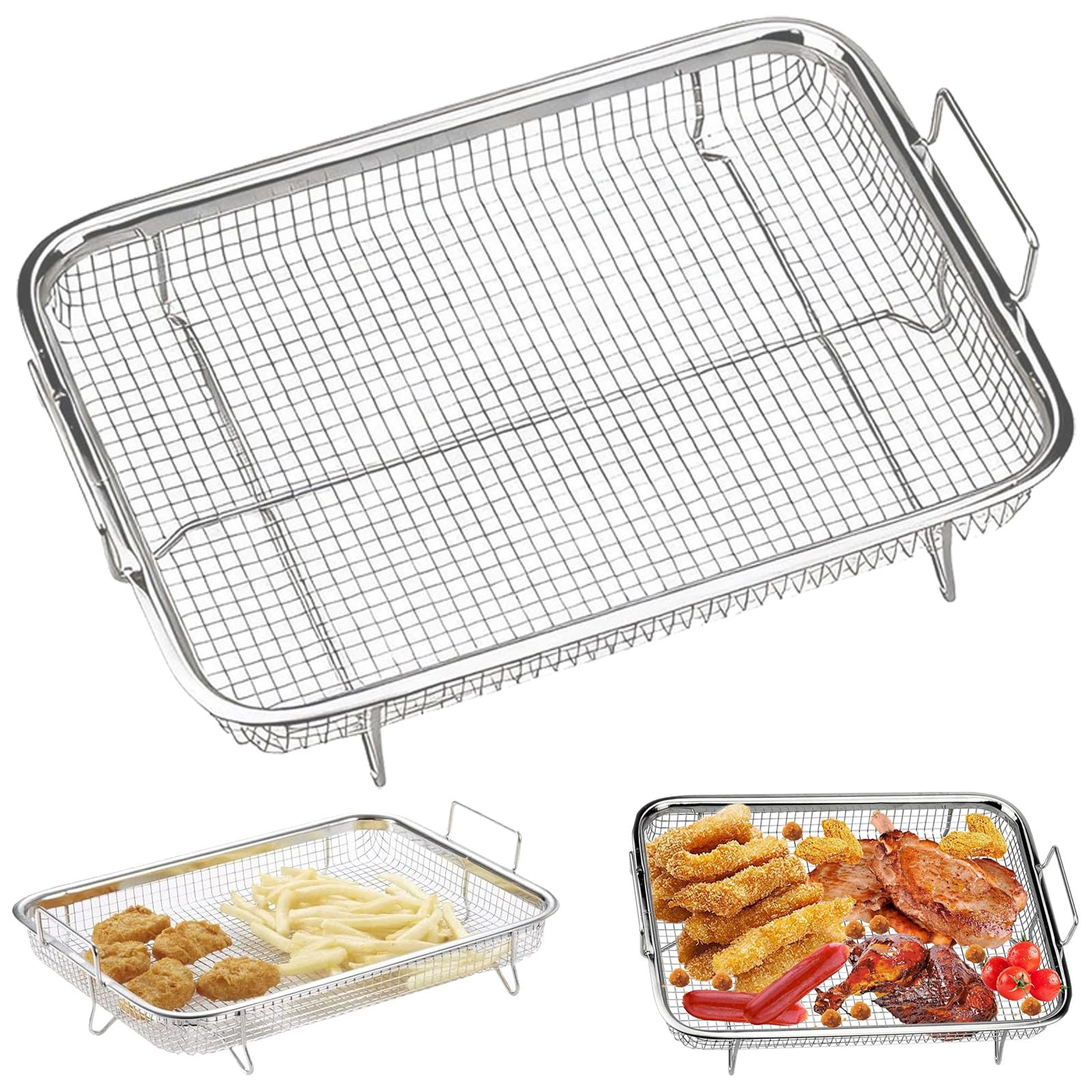 Backofen Gitter, Edelstahl Grillkorb mit Griff, Metall Ofen Grill, Multifunktion Grillgitter BBQ, Pommes Gitter für fettarmes Heißluft-Garen, Backen,Grillen im Ofen oder Grill
