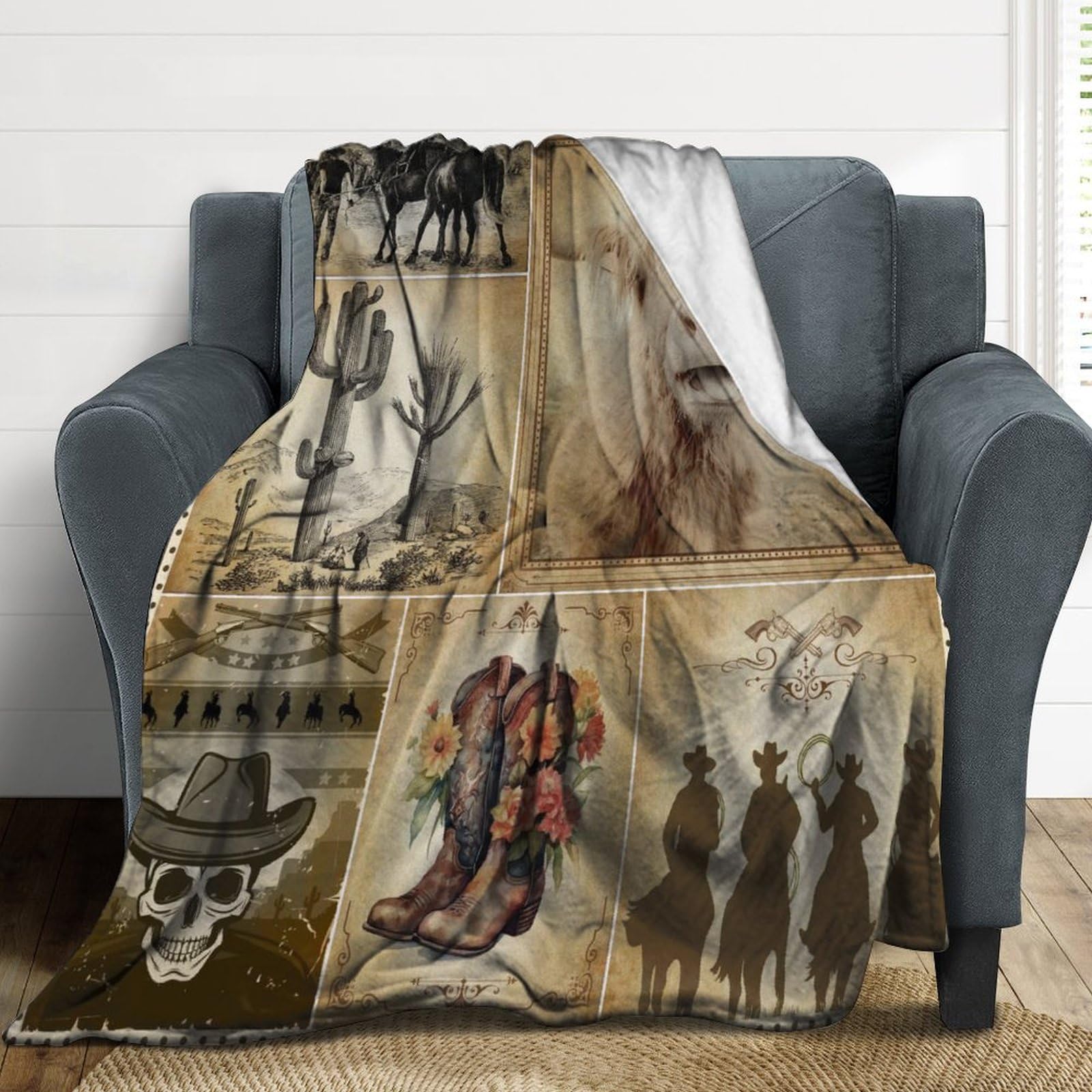 Western Cowboy Decke 152x203 Cm | Weicher Flanell-Überwurf Mit Cowboyhut-Muster | Für Sofa, Bett & Camping
