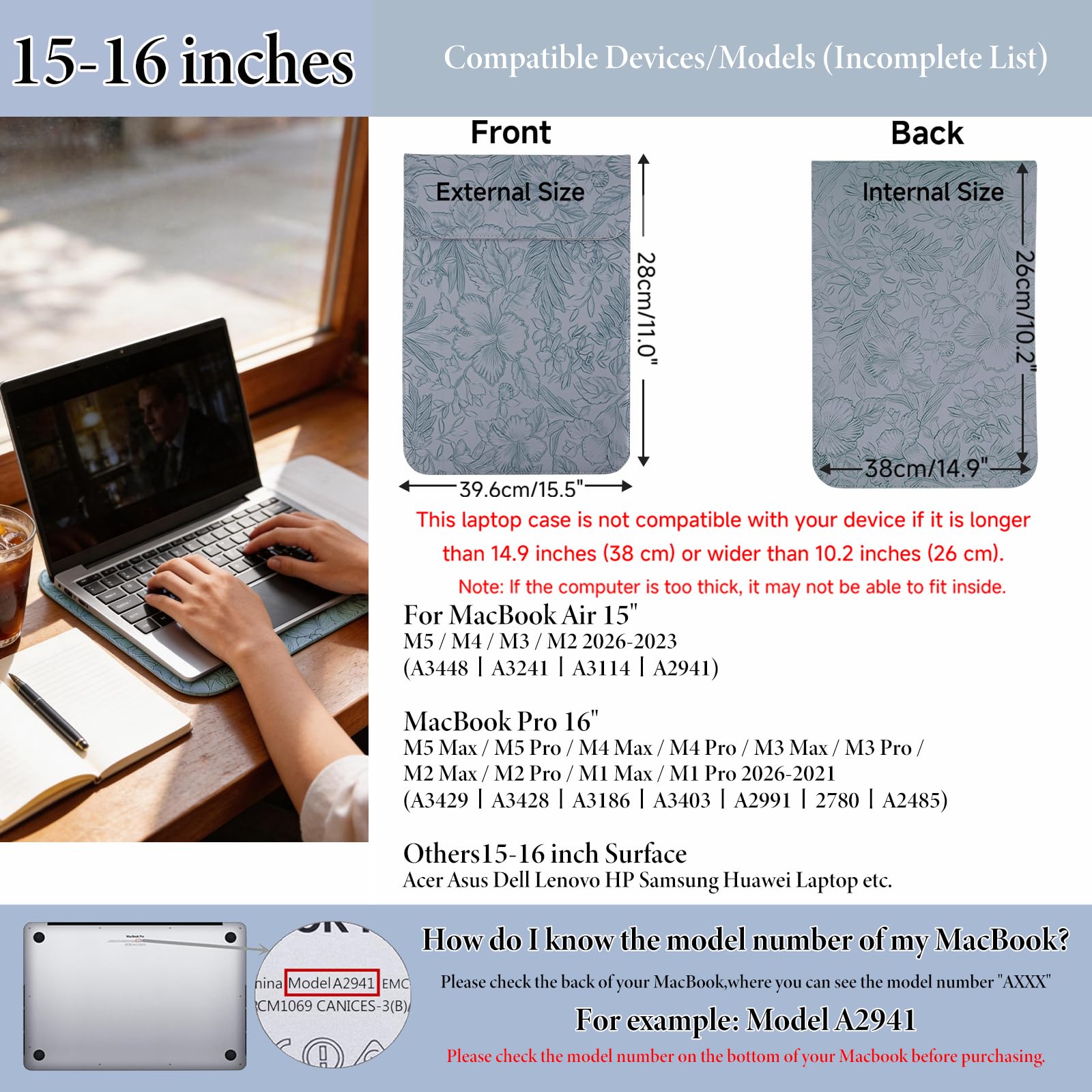 HaruYo 16-15.6-15-14-13.3-13-12 Pulgadas Funda para Ordenador Portátil, Patrón de Flor de Hibisco en Relieve, Cuero de PU, para MacBook Air/Pro/Surface DELL Lenovo HP ASUS Acer PC 15"-16" Azul