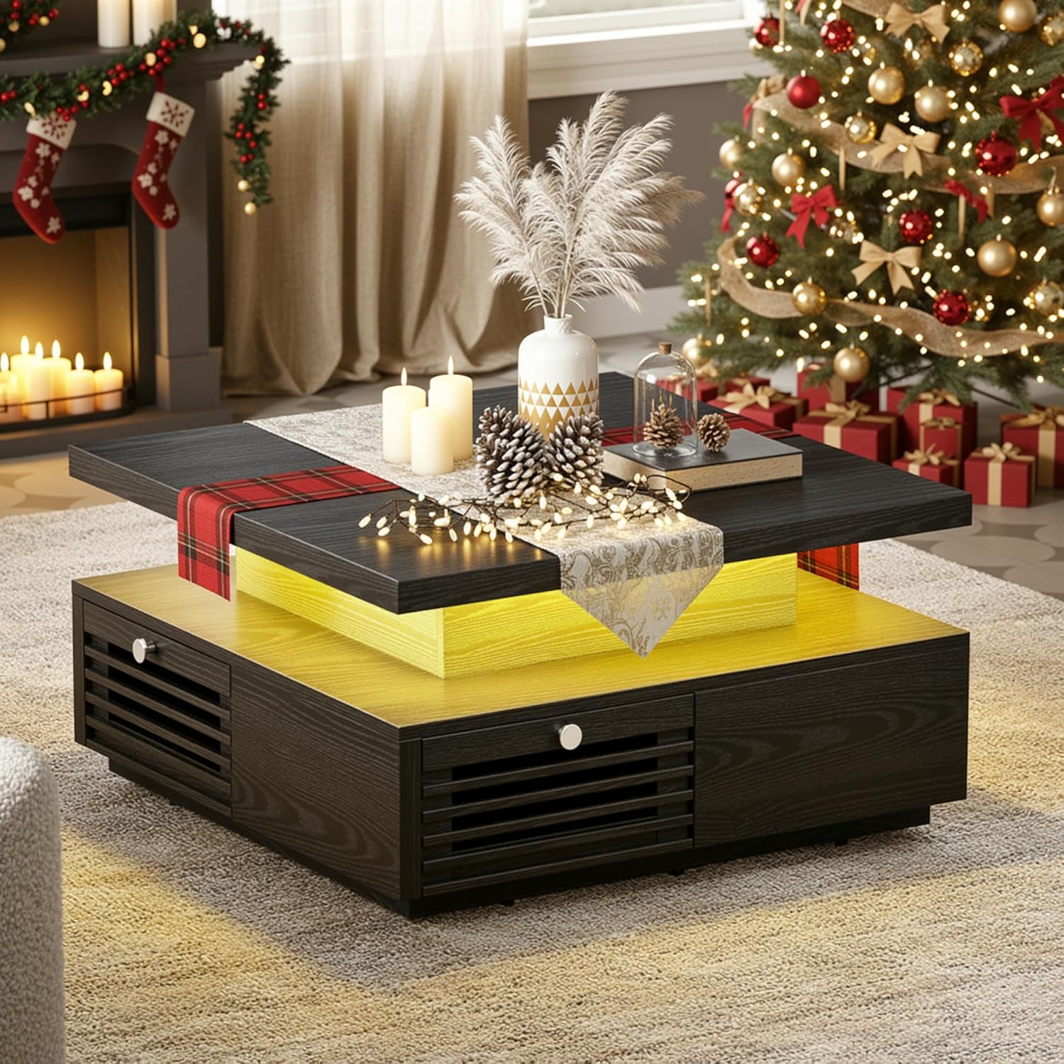 IRONCK Mid Century Modern Coffee Table with LED Lights & Charging Station, 4 Storage Drawers with Grille Design, Square Wood Coffee Table for Living Room Office, (Black)