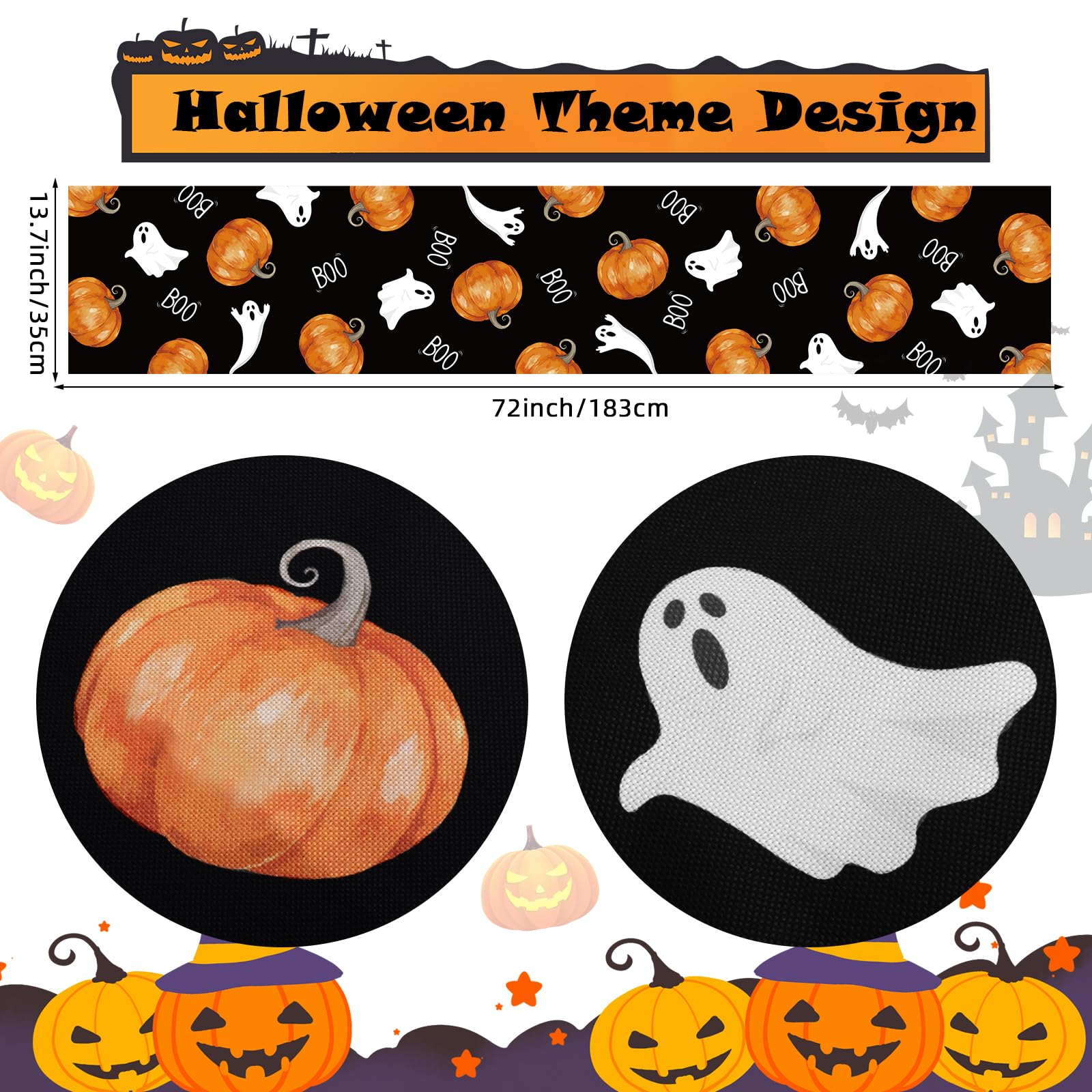 Fowecelt Halloween Tischläufer Kürbisse Geist: 33 X 183cm Gespenstisch Boo Schwarz Tabelle Läufer für Herbst Urlaub Küche Essen Halloween Party Dekoration