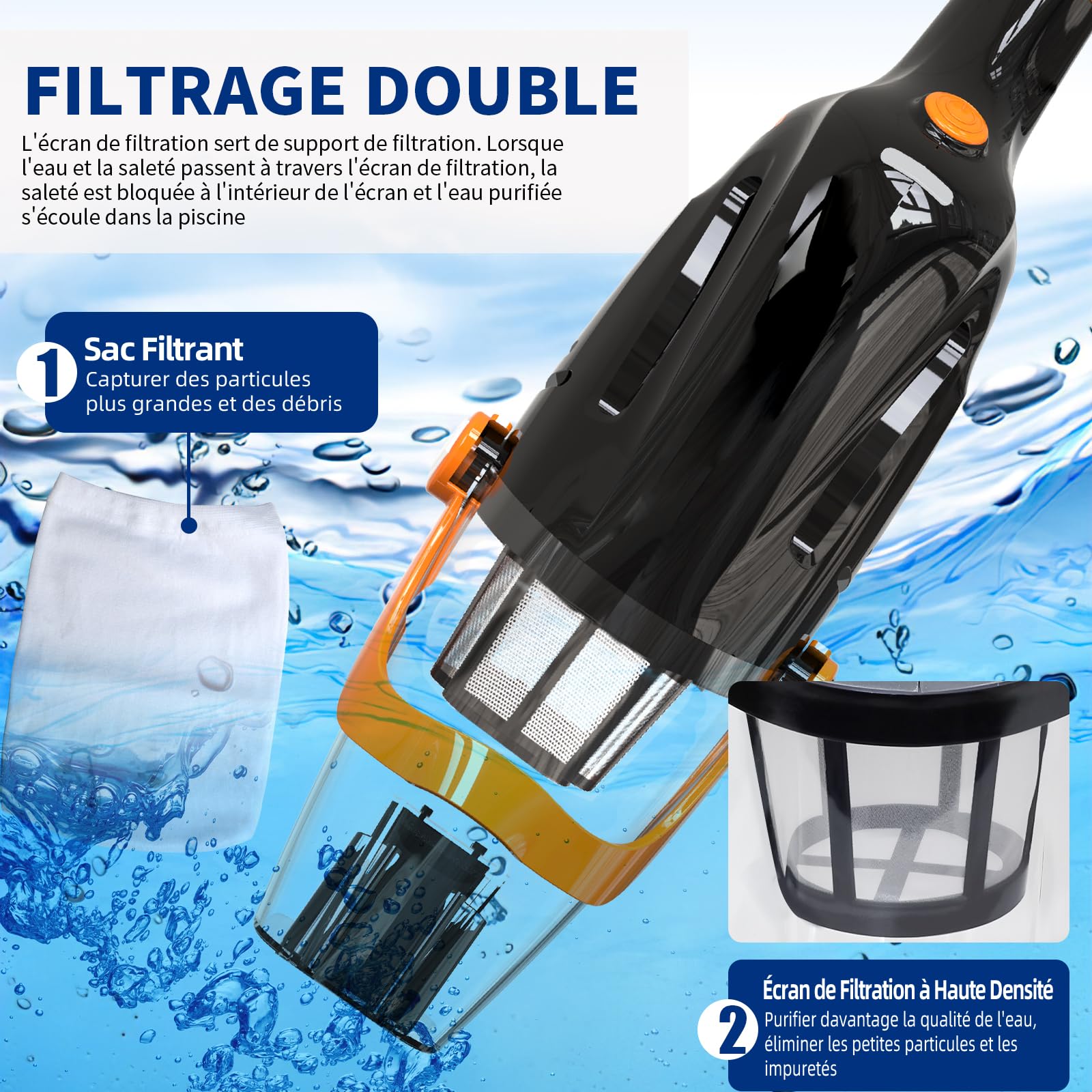 2026 Aspirateur de Piscine à Batterie Rechargeable, Aspirateur à Main sans Fil, 60 Minutes d'Autonomie Nettoyeur Électrique pour Piscine, Jacuzzi, Spa, Noir