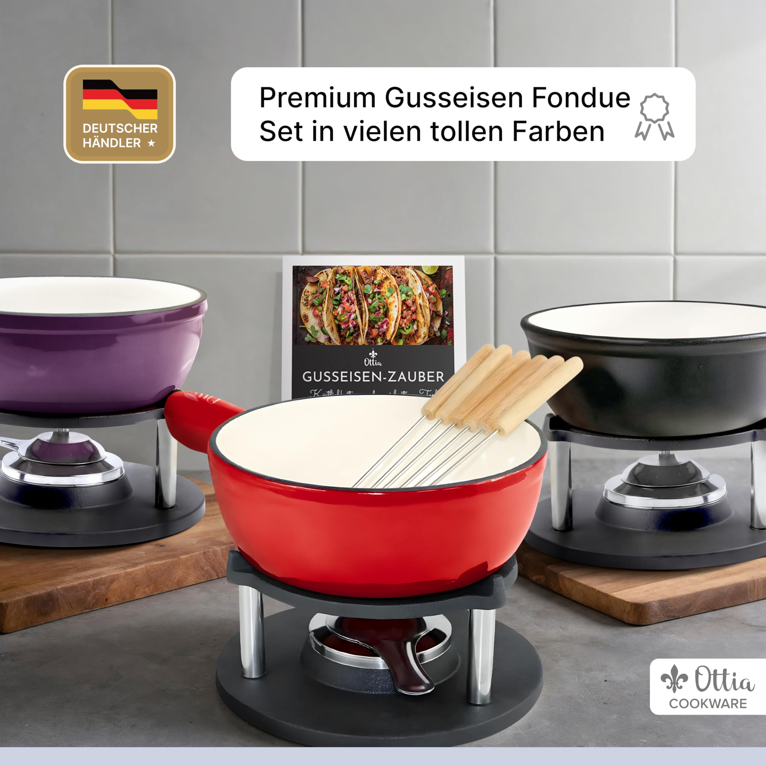 Ottia HH Service à fondue en fonte et émail pour 2, 3, 4, 5, 6 personnes Convient pour fondue au fromage, à la viande, au chocolat, sans substances nocives, avec brûleur, fourchettes et livre de