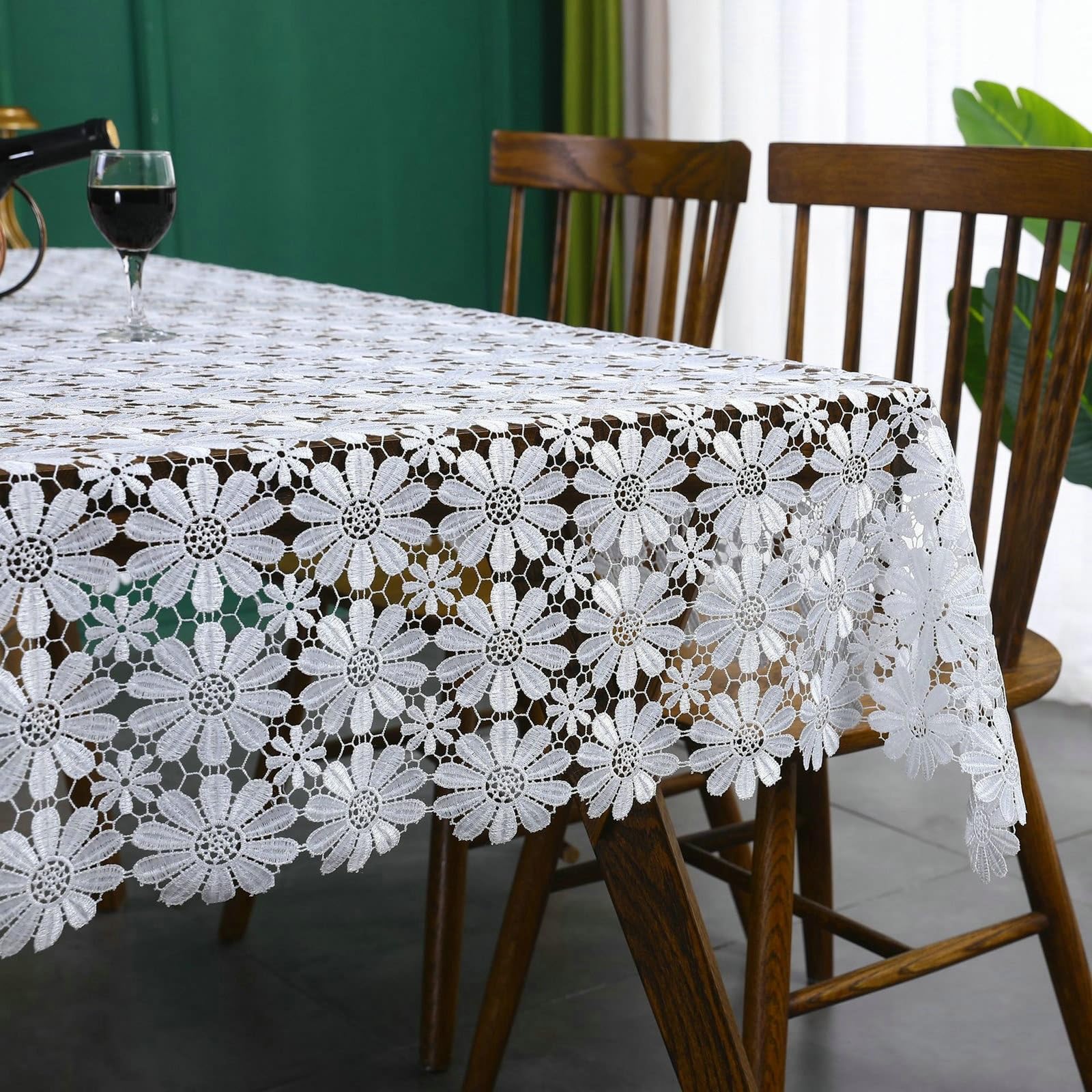 Mantel rectangular blanco, diseño de flores, poliéster, 150 x 300 cm