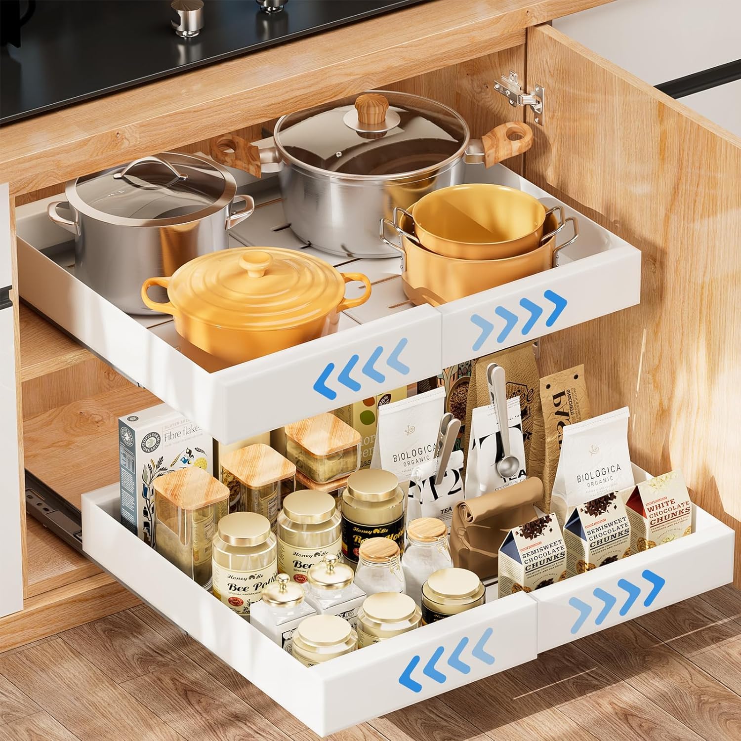 Pull Out Cabinet Organizer Extendable Sliding Slide Out Pantry Shelves Storage No Punch for Kitchen Base Cabinet Organization, Pantry, Bathroom Adjustable Width 12.4" to 20.4" (White-1Pack)