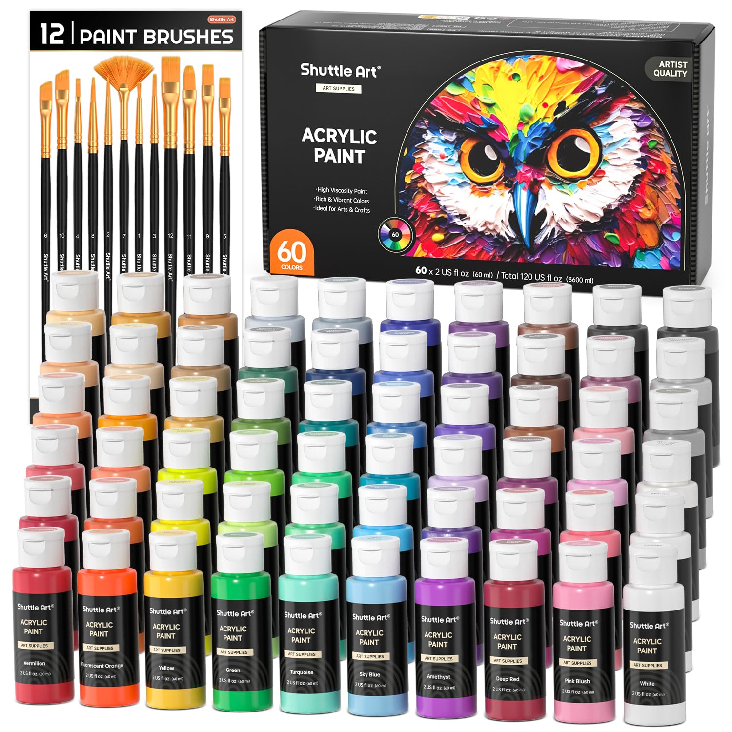 Shuttle Art Acrylic Paints for Painting, 72 Pieces, 60 x 60 ml Acrylic Paints for Painting and 12 Brushes, Professional Painting Set for Artists, Beginners, Acrylic Paint on Canvas, Rocks, Wood