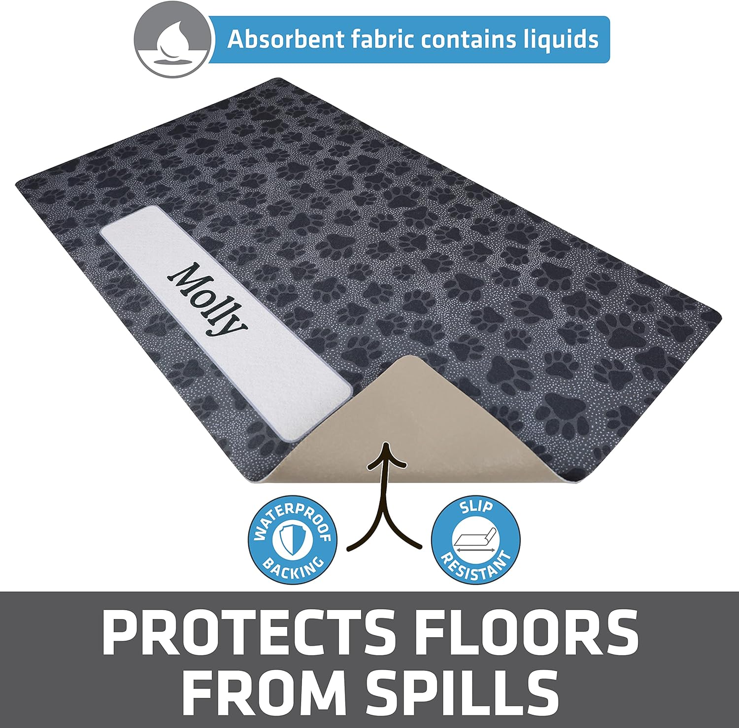 Drymate Personalized Pet Bowl Placemat, Custom Dog & Cat Food Feeding Mat - Absorbent Fabric, Waterproof Backing - Machine Washable/Durable (USA Made) (16" x 28") (Paw Dots Black)