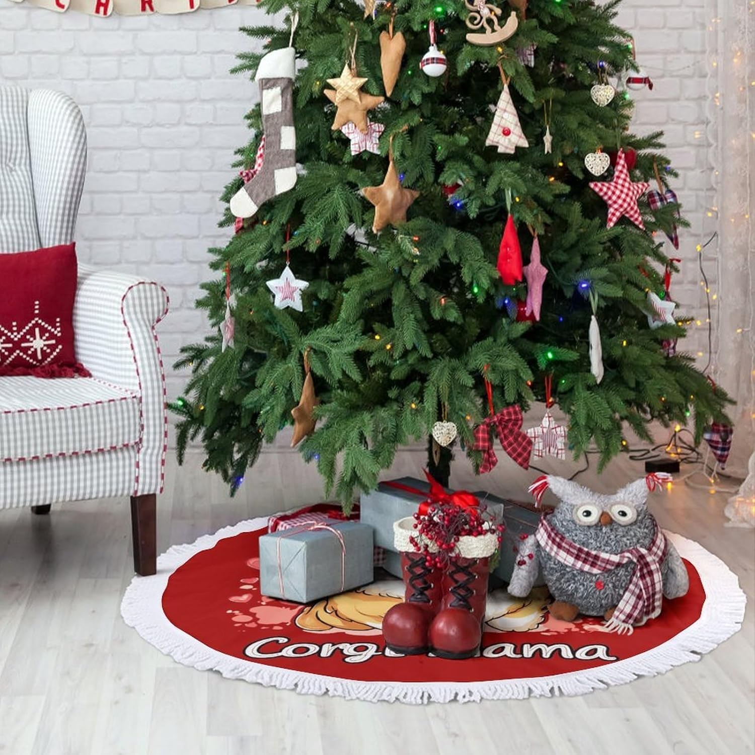 Corgi Mama Mom Christmas Tree Skirt Round Xmas Tree Mat Ornaments Tree Skirts with Tassels for Holiday Party