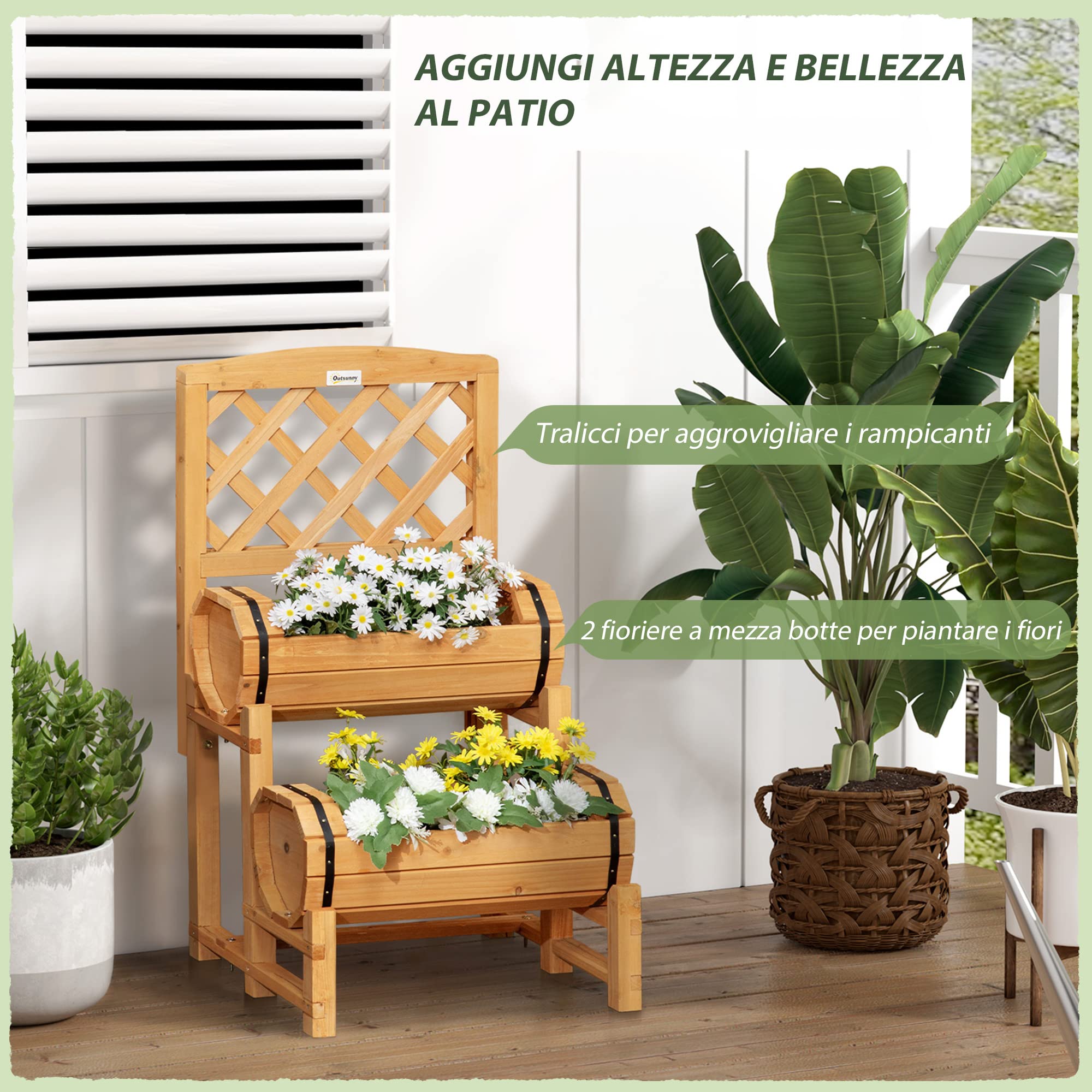 Outsunny Fioriera da Esterno Verticale a Mezza Botte Rialzato 45x45x80 cm | con Grigliato, per Rampicanti, in Legno d'Abete