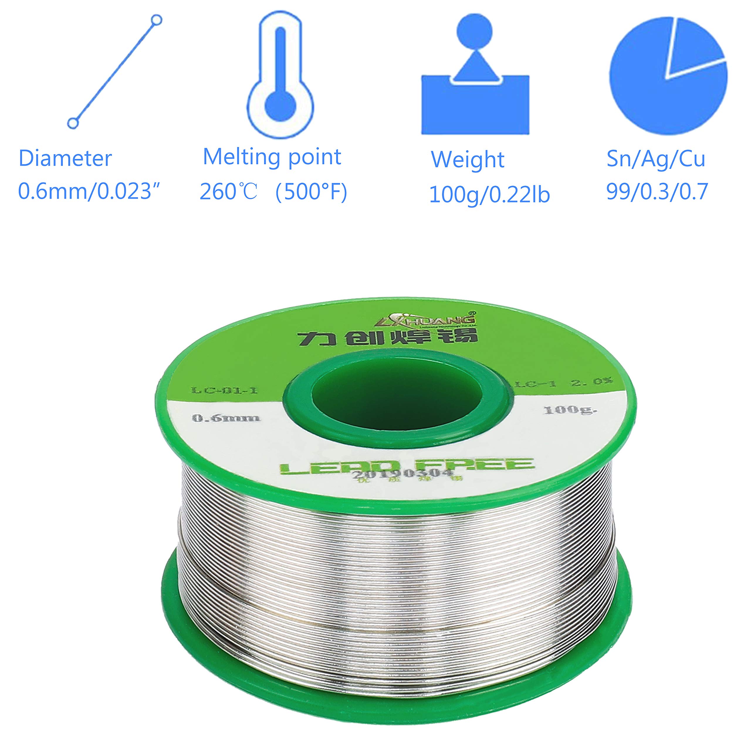 Filo per Saldatura Senza Piombo 0.6 mm Solder Wire con Nucleo Colofonia per Lavori di Saldatura Elettronica per Microsaldature Saldature Saldare 100g