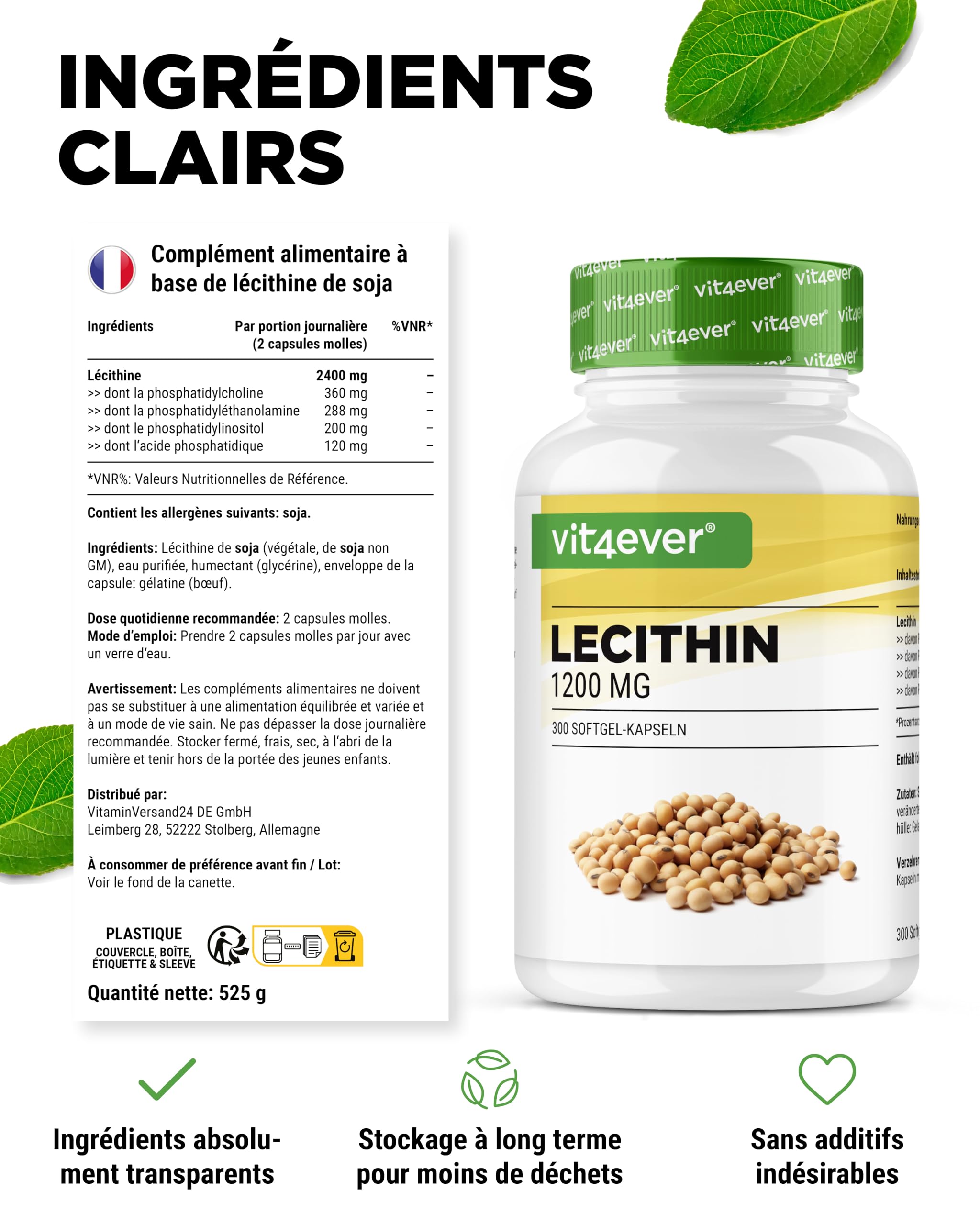 Lécithine 1200 mg - 300 Softgels - Premium : avec Phosphatides - Lécithine de Soja sans OGM - Haute Dose - Qualité Premium
