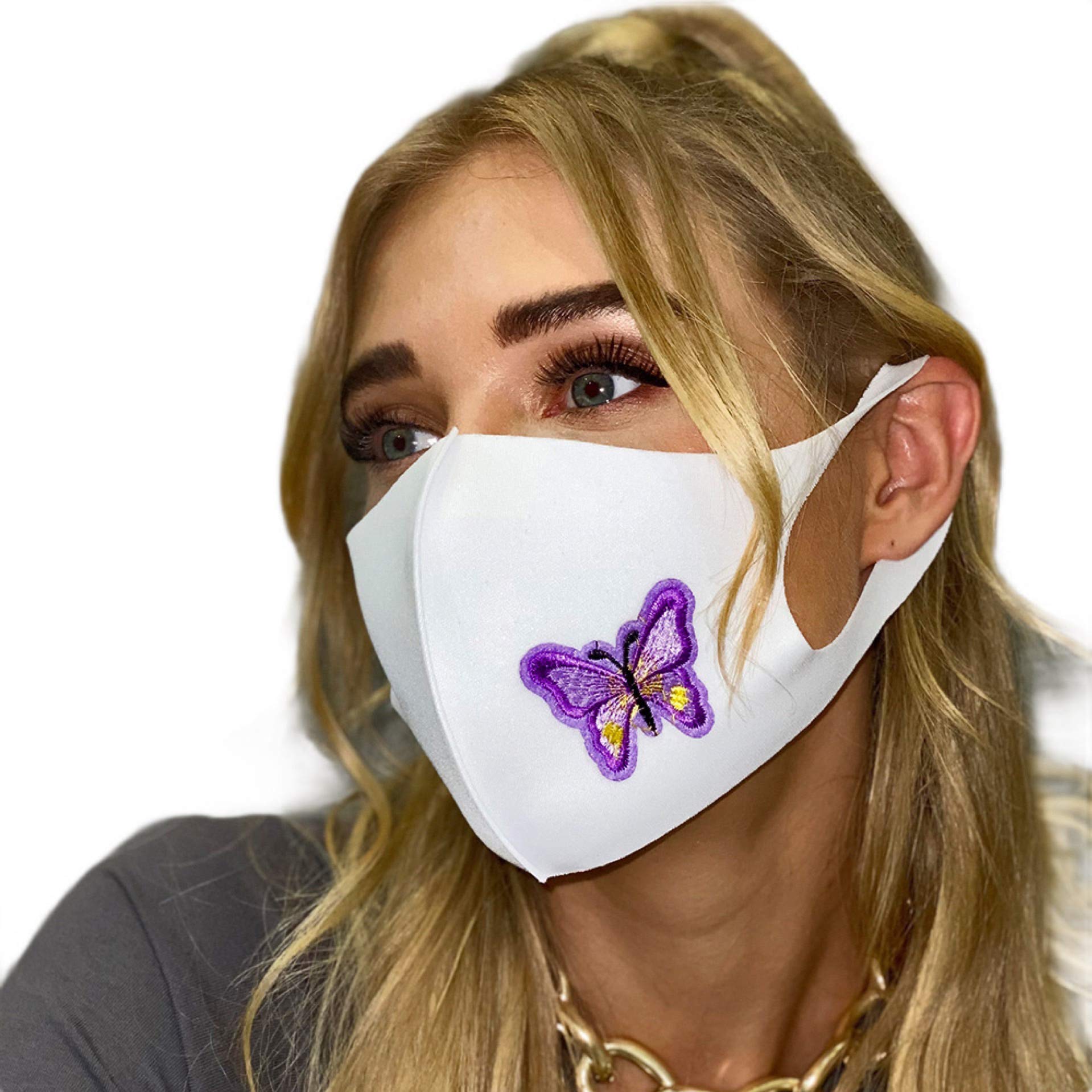 eBoutik – Embroidered Butterfly Face Mask Deluxe Face Coverings ~ Ear Loop Mask Breathable, Washable & Reusable (White)