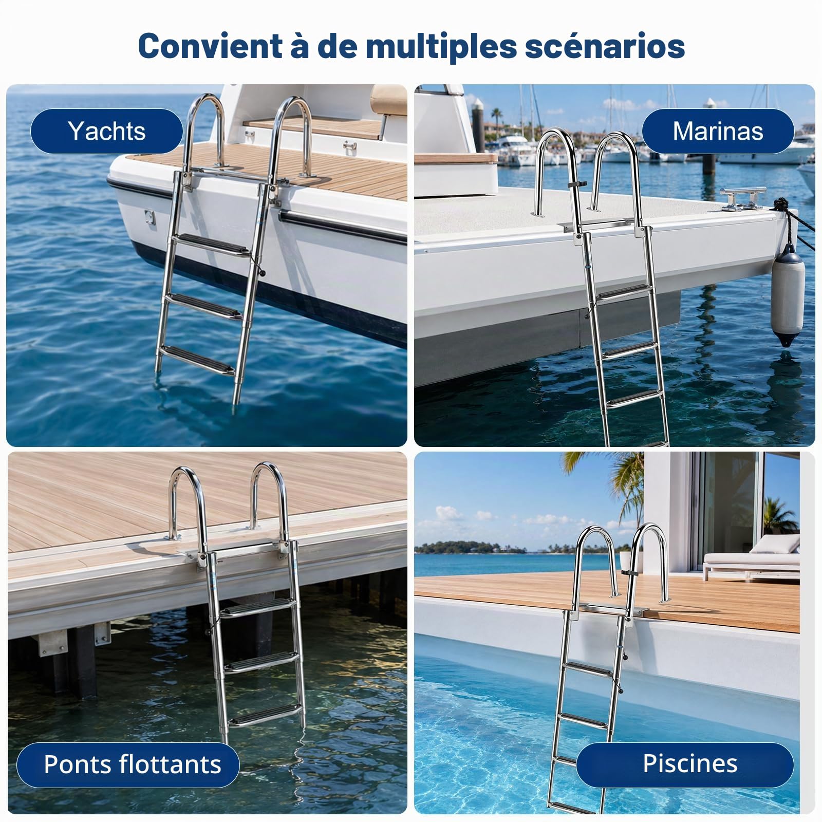 Échelle de Bateau 4 Marches en Acier Inoxydable 304, Échelle de Quai Pliable Télescopique avec Barres Antidérapantes & Mains Courantes, Échelle de Piscine pour Bateau Yacht, Capacité de Charge 200kg