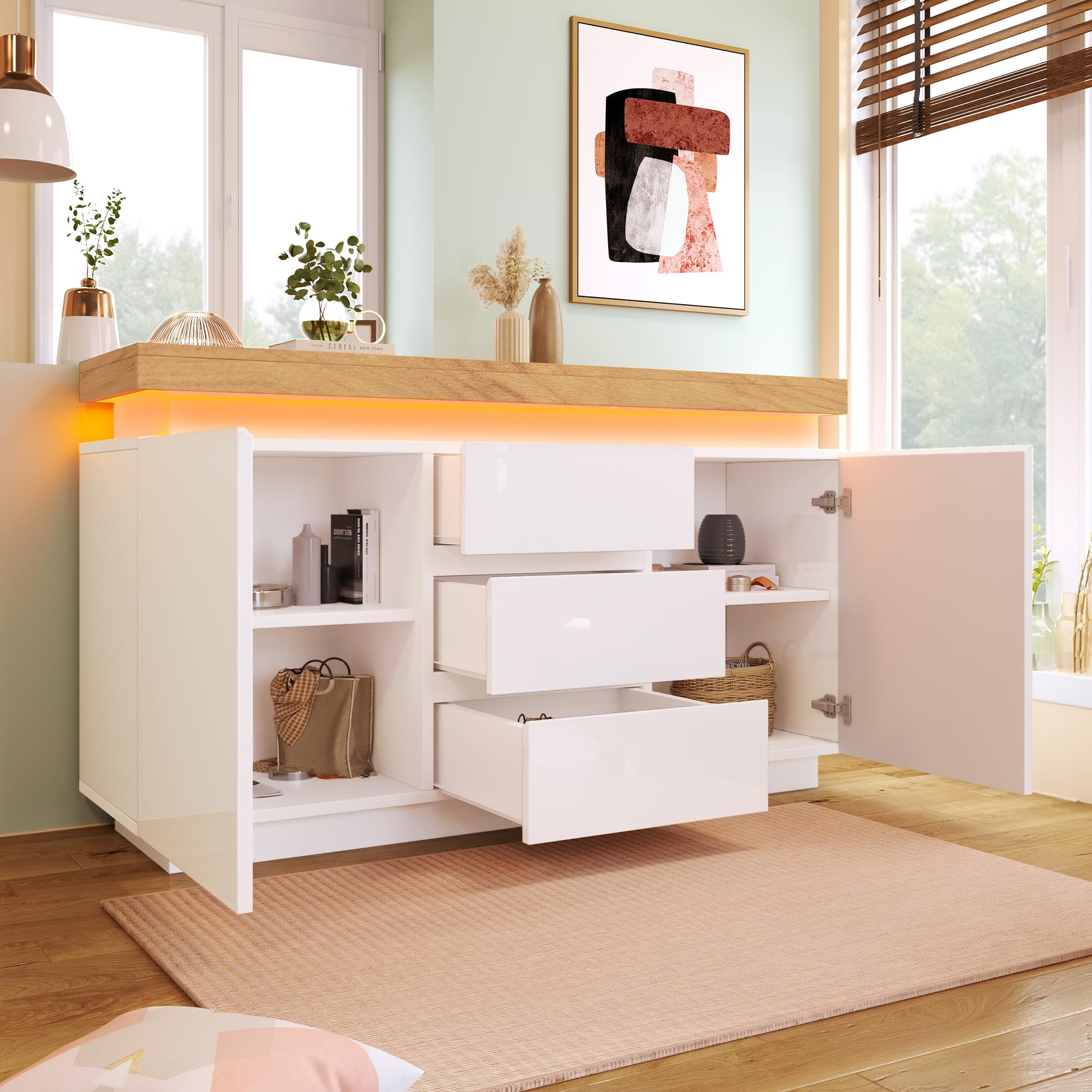 Cassettiera Lucida Con LED E Controllo App | 81x140x39 Cm | 2 Ante E 3 Cassetti | Design Moderno Bianco