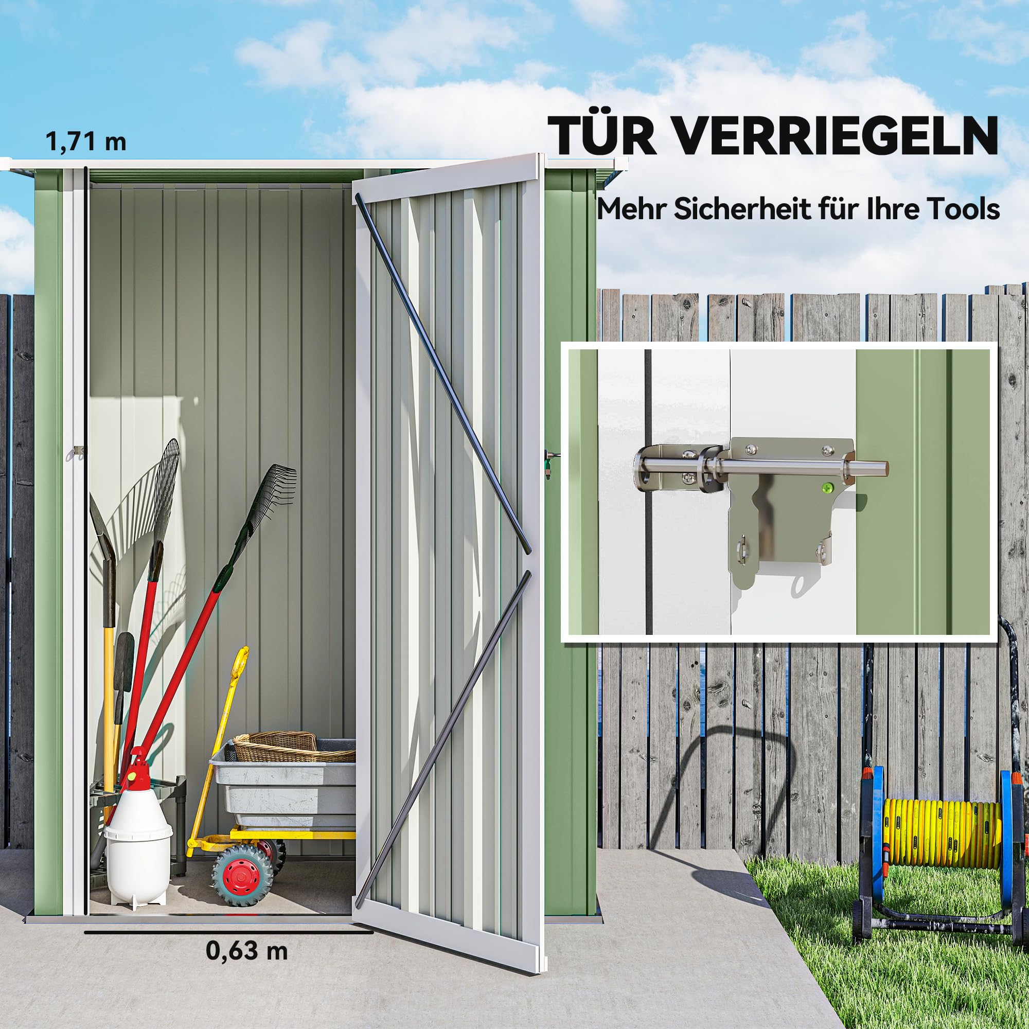 Outsunny Metall Gerätehaus 1,07 m² 142 x 86 x 189 cm Geräteschuppen mit Pultdach abschließbarer Tür wetterfest Grün