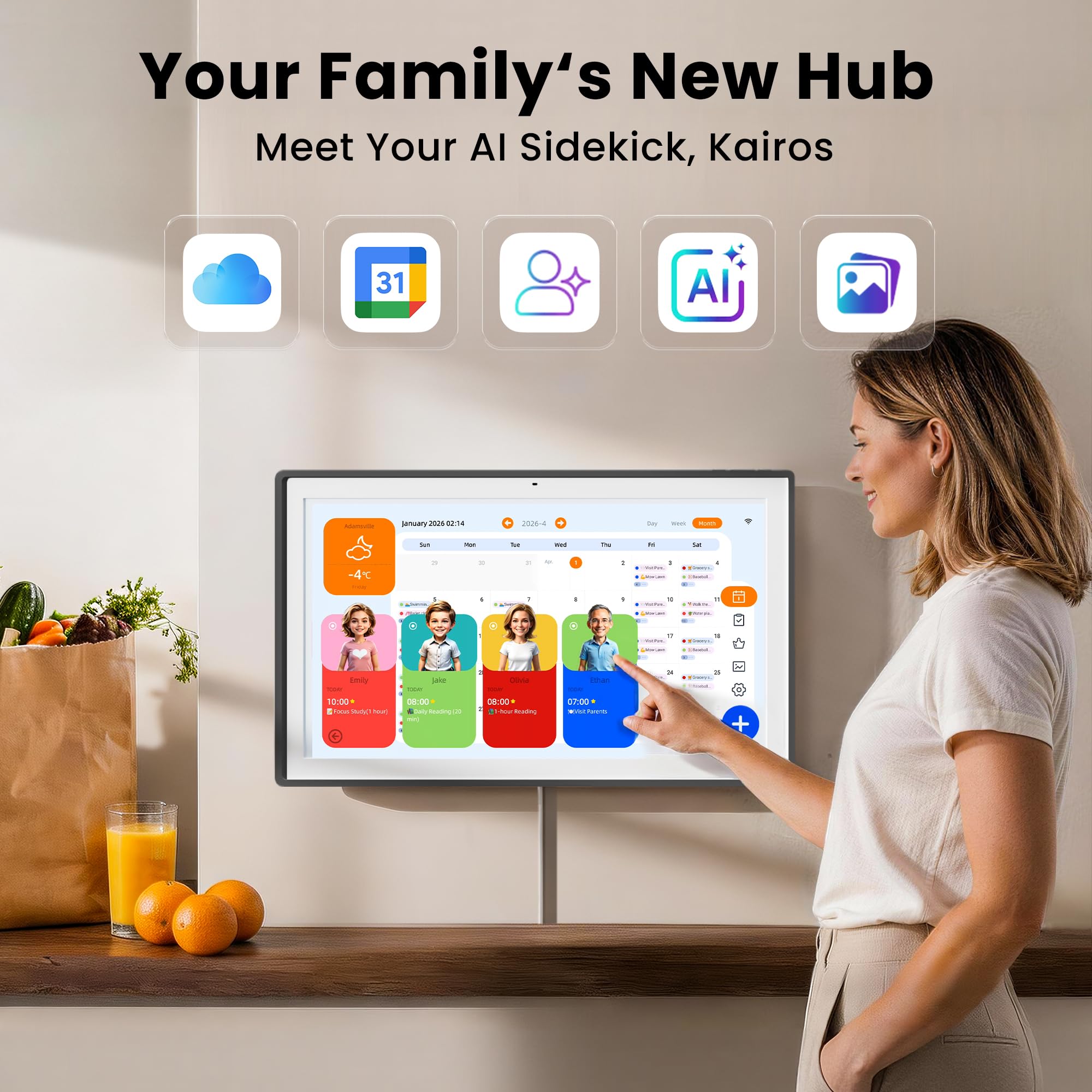 Pastigio Smart Digital Kalender, 15,6 Zoll Elektronischer Touchscreen Familie AI Kalender & Aufgabendiagramm mit Aufgaben Belohnungen Kein Abonnement Digitaler Bilderrahmen Wand & Tischhalterung