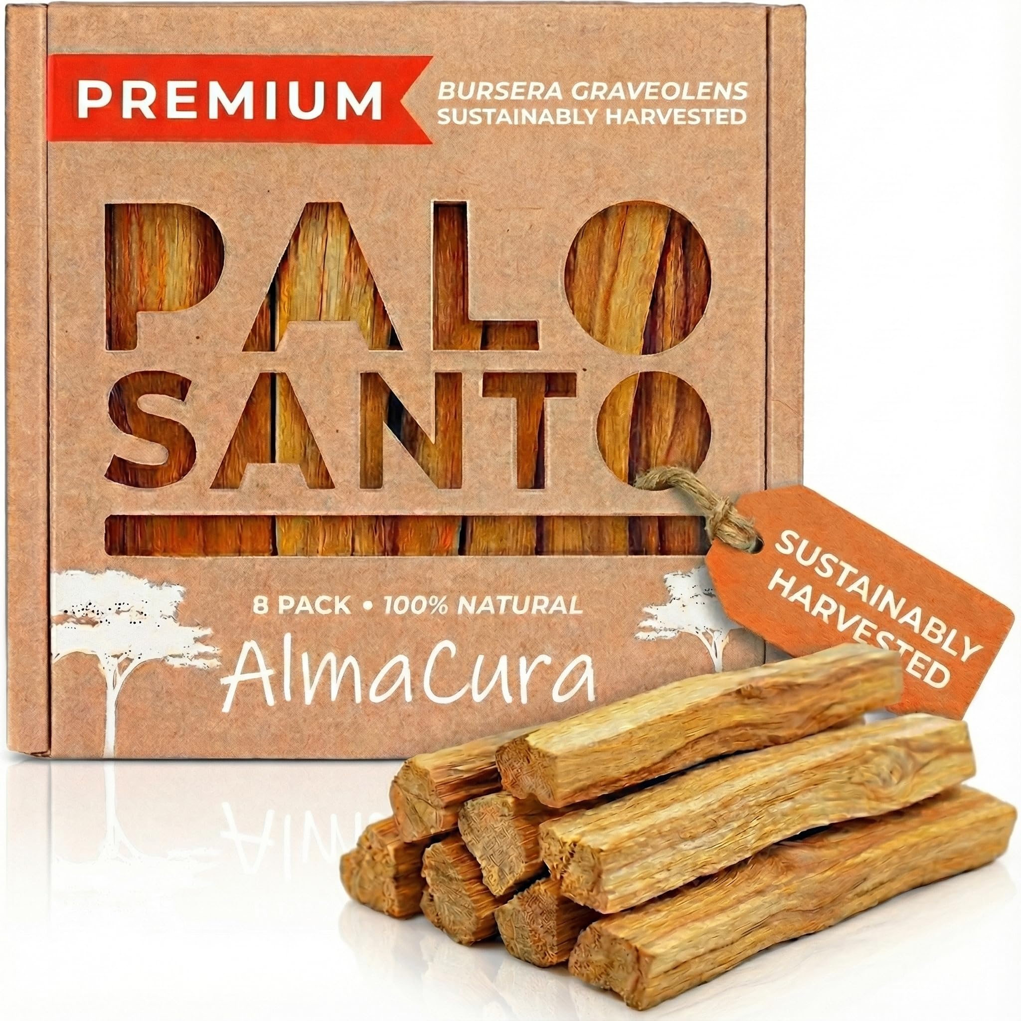 AlmaCura Palo Santo Incense Sticks (8) Certified Pure, Ethical and Sustainable, Harvested from Fallen Trees in Peru (not Ecuador) Protection, Meditation, Relief, Healing, Cleansing