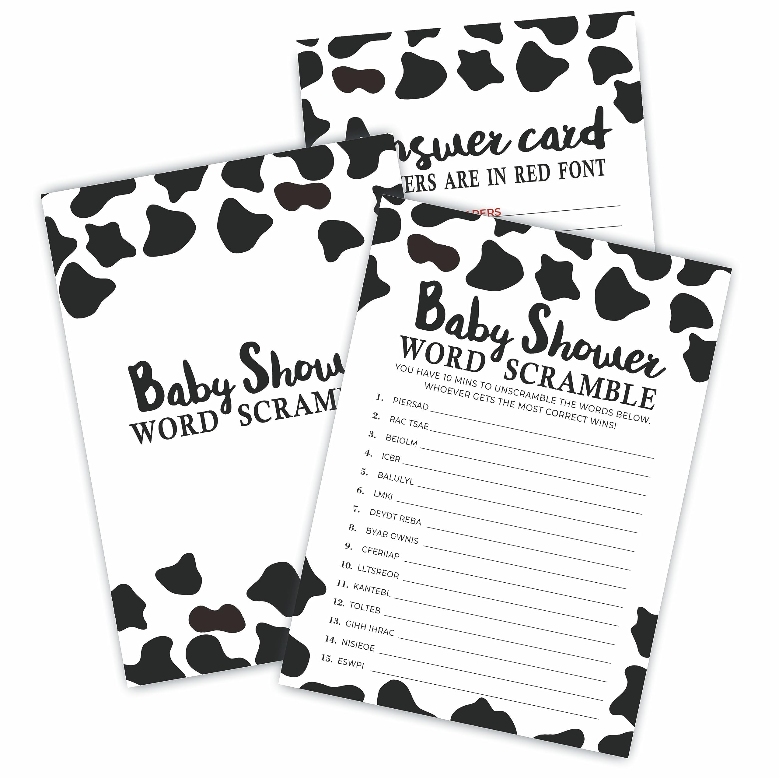 Baby Word Scramble Game, Cow Prints Theme, 5 X 7 Inches Double-Sided Cards for Boys & Girls, Gender Neutral, 30 Cards & 1 Answer Card, Party Favor &