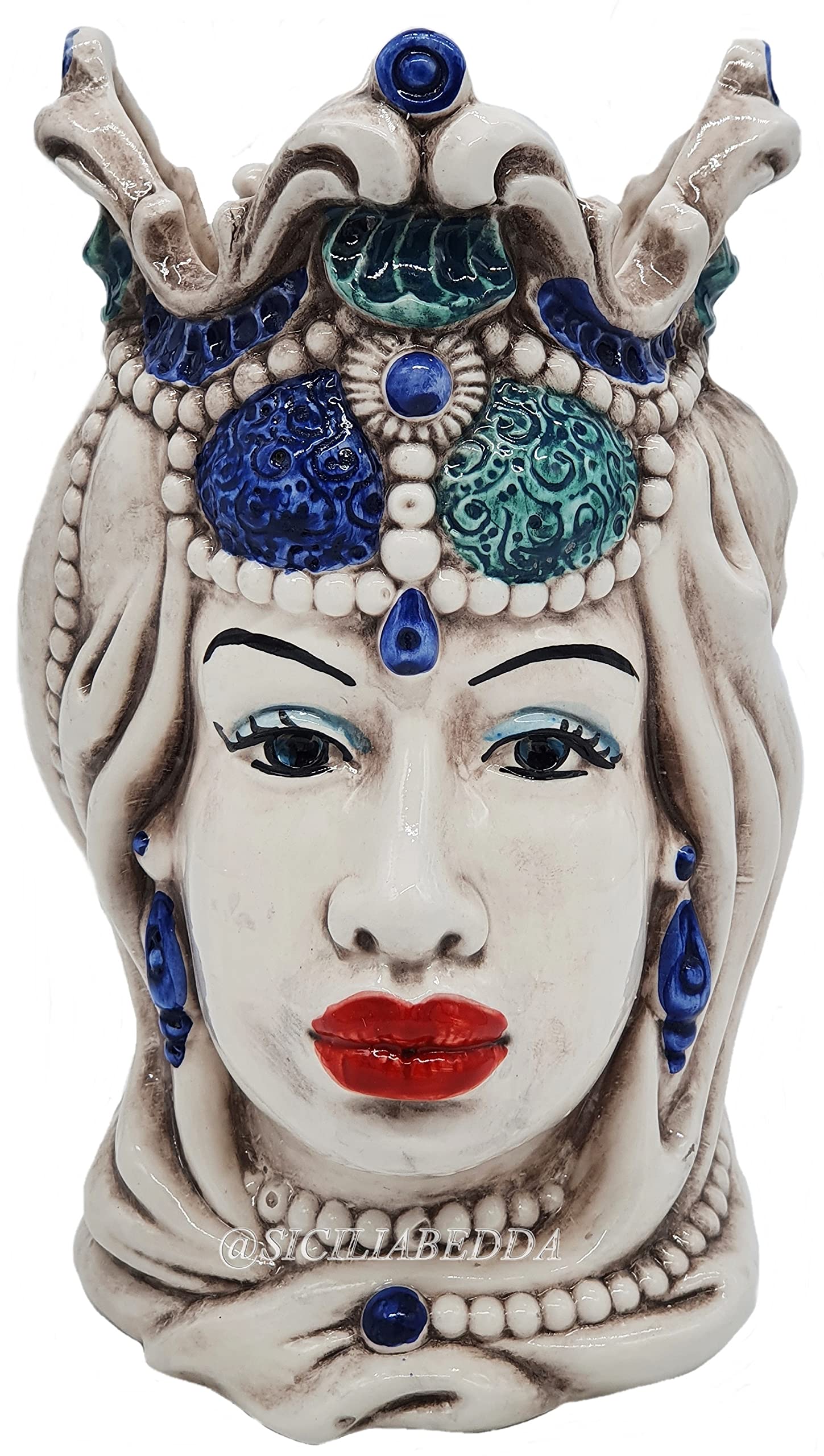 sicilia bedda - Teste di Moro Siciliane in Ceramica di Caltagirone - Realizzato Interamente a Mano - Altezza 18 Centimetri (Testa di Moro Donna Blu)