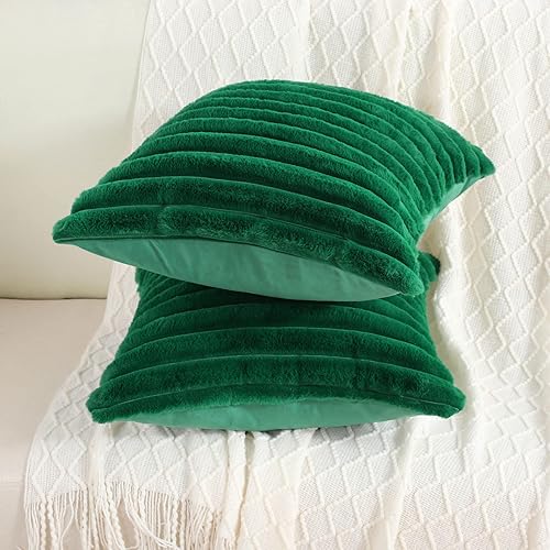 Miniatura 5 de Juego de 2 fundas de almohada decorativas con rayas de color verde esmeralda, 16 x 16 pulgadas, cuadradas y primaverales, piel sintética de conejo