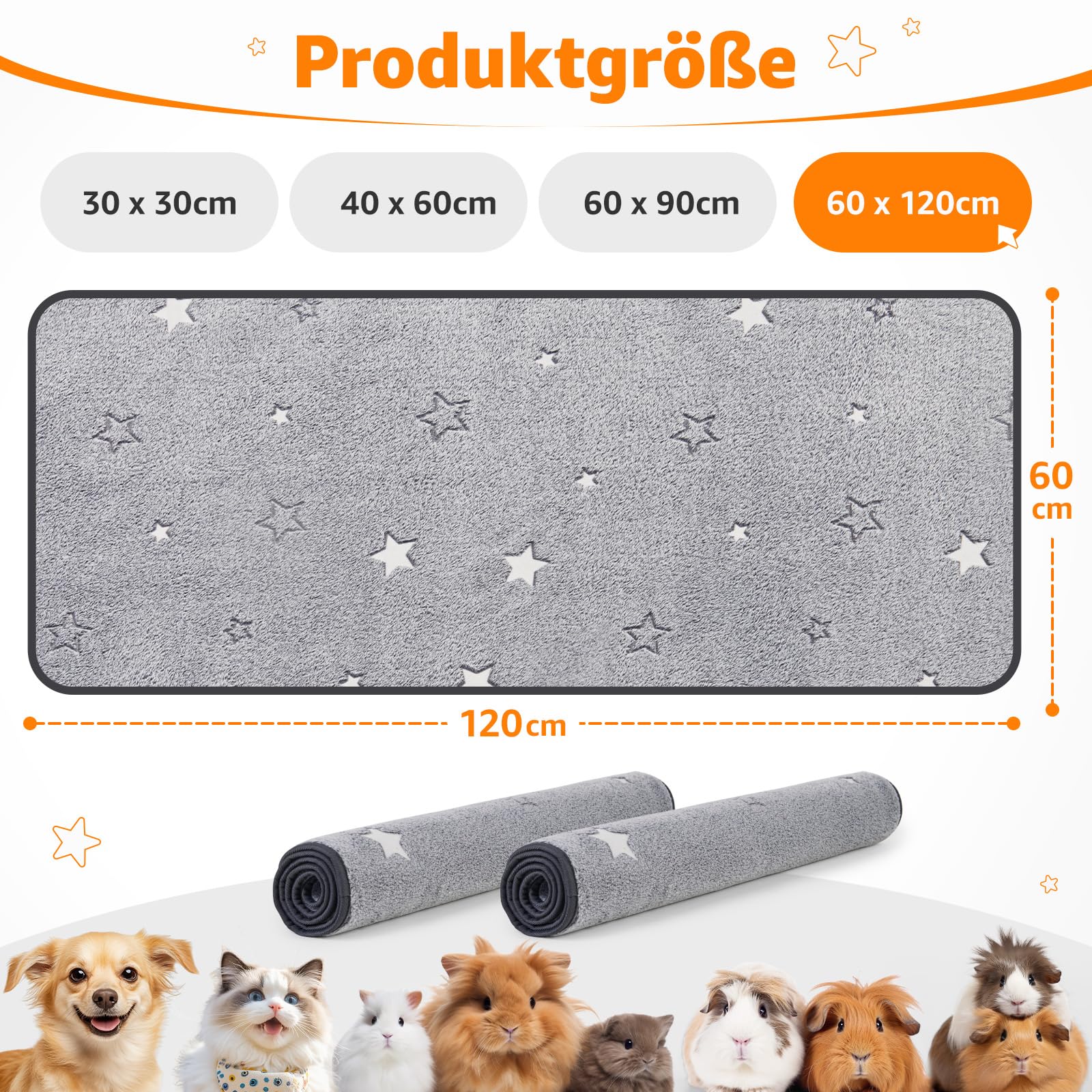 PICK FOR LIFE 60x120cm wasserdichte & Schnell Saugfähige PIPI Pads für Meerschweinchen und Kaninchen - Waschbare Fleece Unterlage für Käfig, Boden, Sofa
