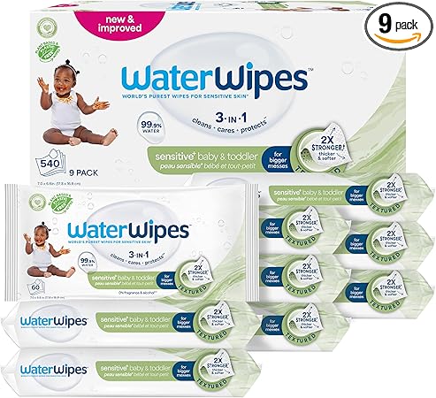 WaterWipes Sensitive+ Baby & Toddler Wipes, 3-In-1 Cleans, Cares, Protects, 99.9% Water, Textured Clean, Unscented & Hypoallergenic, 540 Count (Pack of 9)