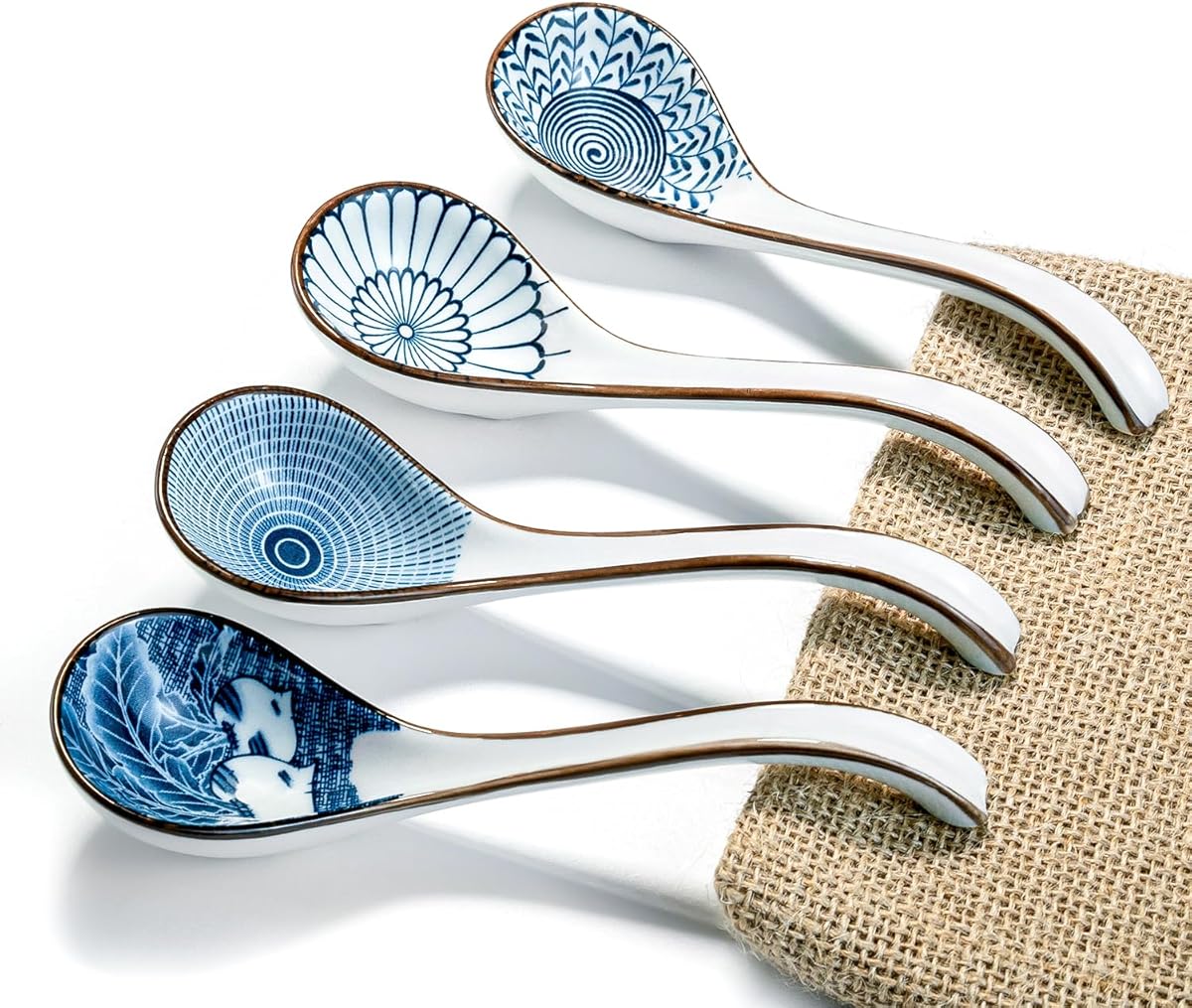 Asian Ceramic Soup Spoon, with Long Handle Easy to Hold, Non-slip Bottom, for Japanese Ramen, Chinese and Vietnamese Wonton, Noodle Soup Spoons (V86)