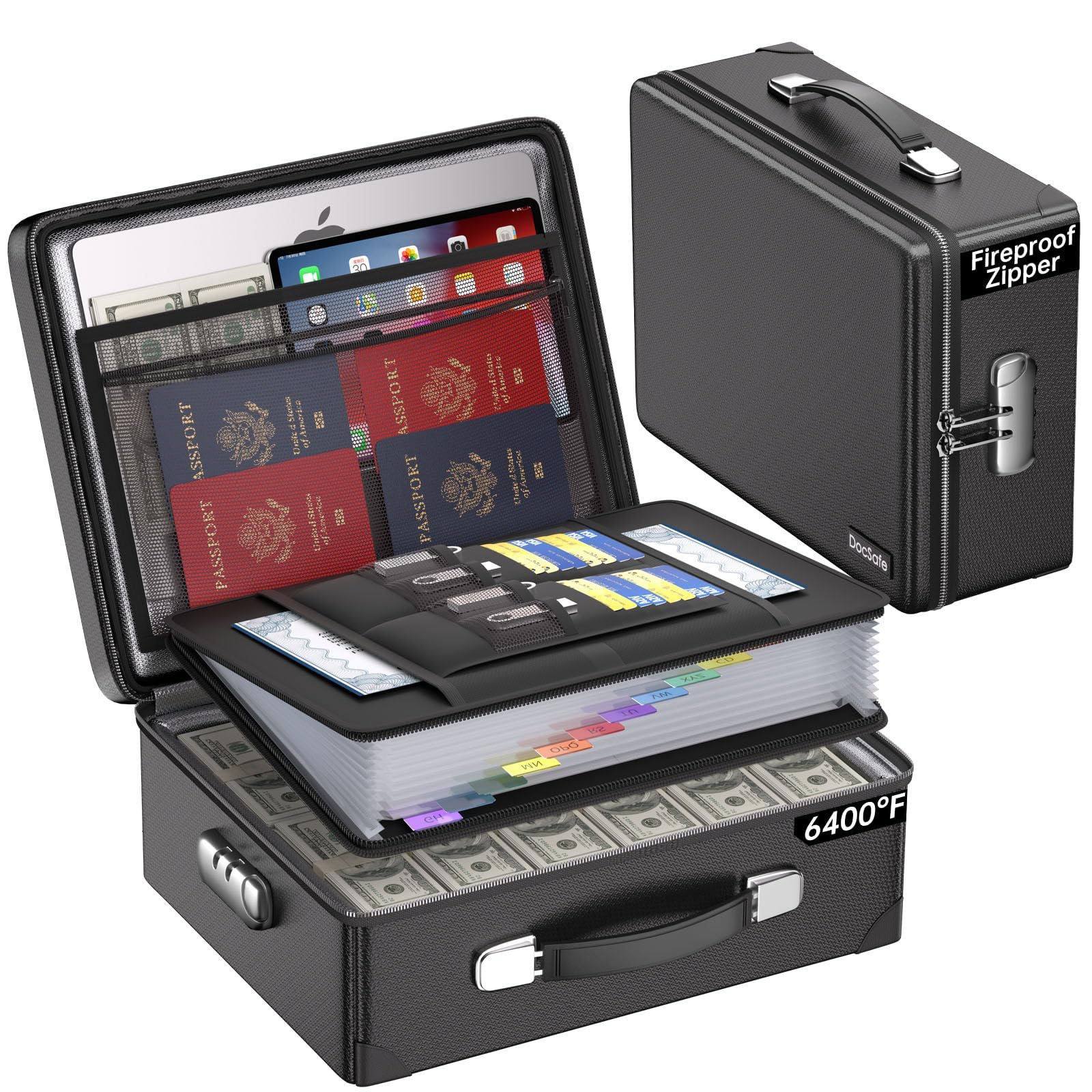 6400ยฐF Fireproof Document Box,Hard Case Storage Box with Lock and Zipper,42 x 32 x 13 cm Heat Insulated Water Resistant Safe Box,Multi-Layer File Organiser for Important A4 Documents and Valuables