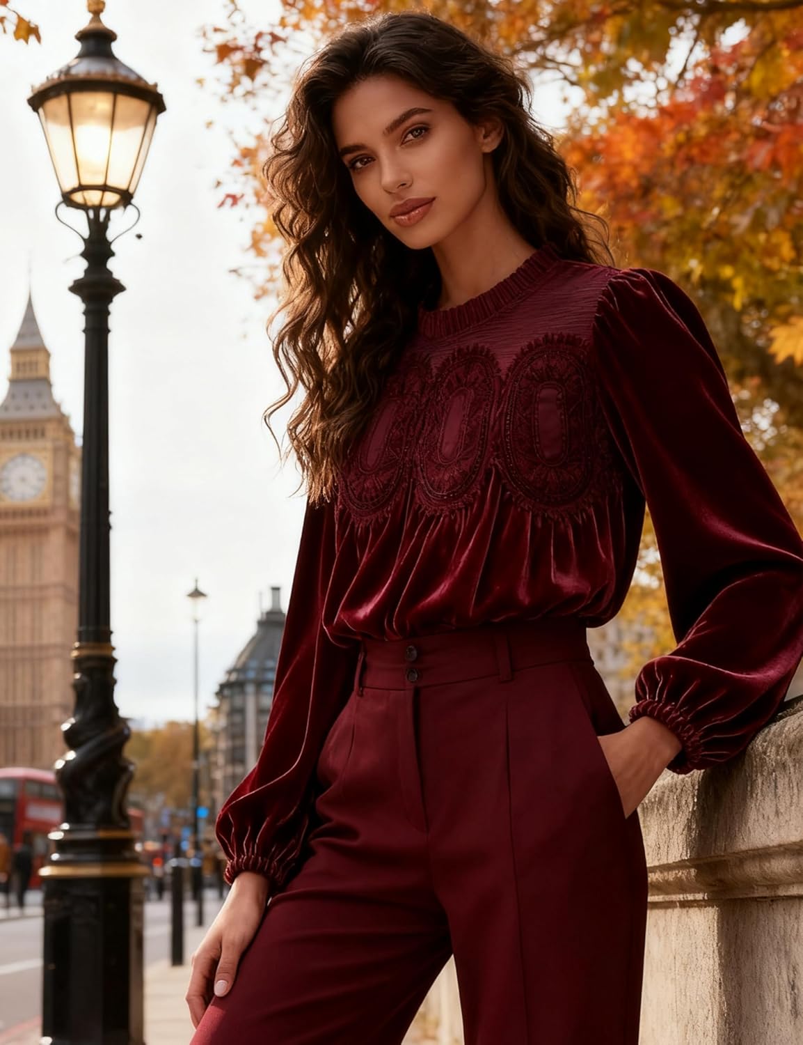 Faleave Women's Velvet Trim Lace Blouse Long Sleeve Shirt Elegant Flared Swing Top Round Neck Casual Wear - Image 6