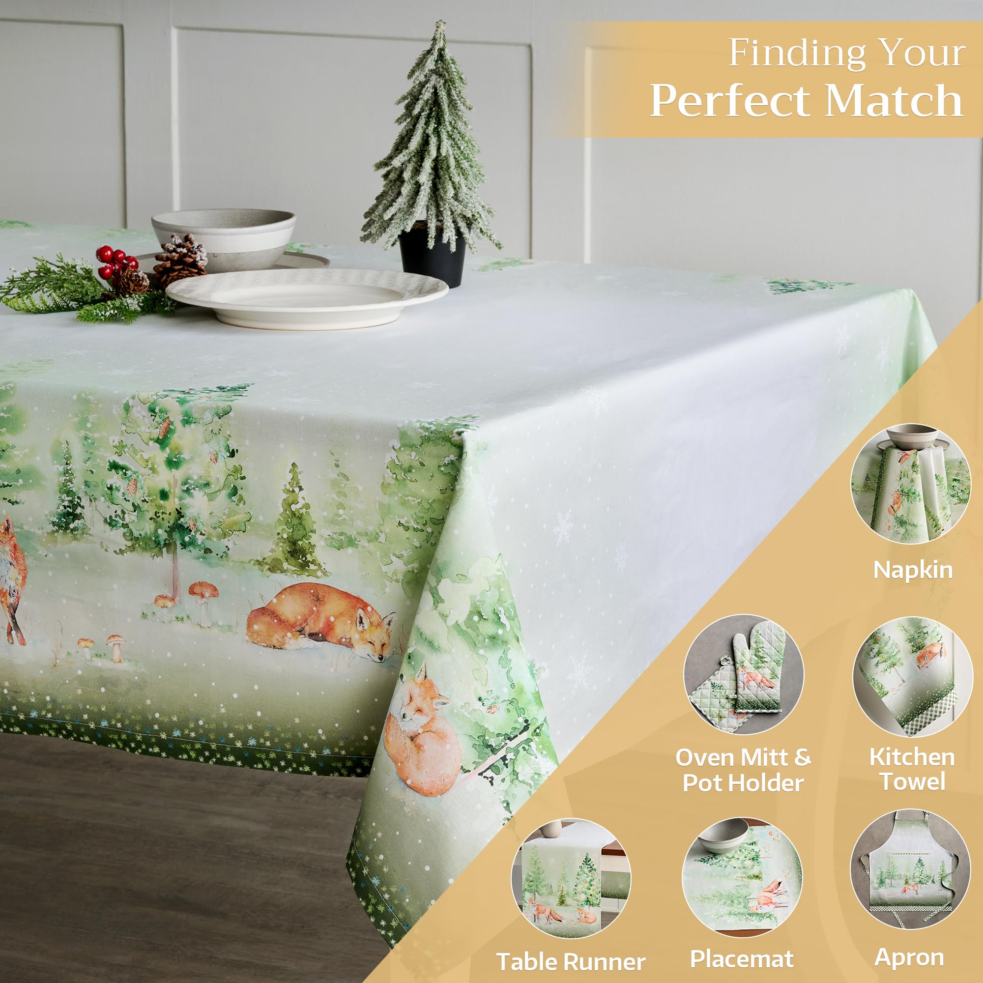 Maison d' Hermine Maison d'Hermine Tischdecke Rechteckig 100% Baumwolle 180 cm x 140 cm Wiederverwendbar Alltagsgebrauch für Weihnachtsdekorationen Esszimmer Landhaus Zuhause Party Festlich (Winter Mornings) – Bild 6