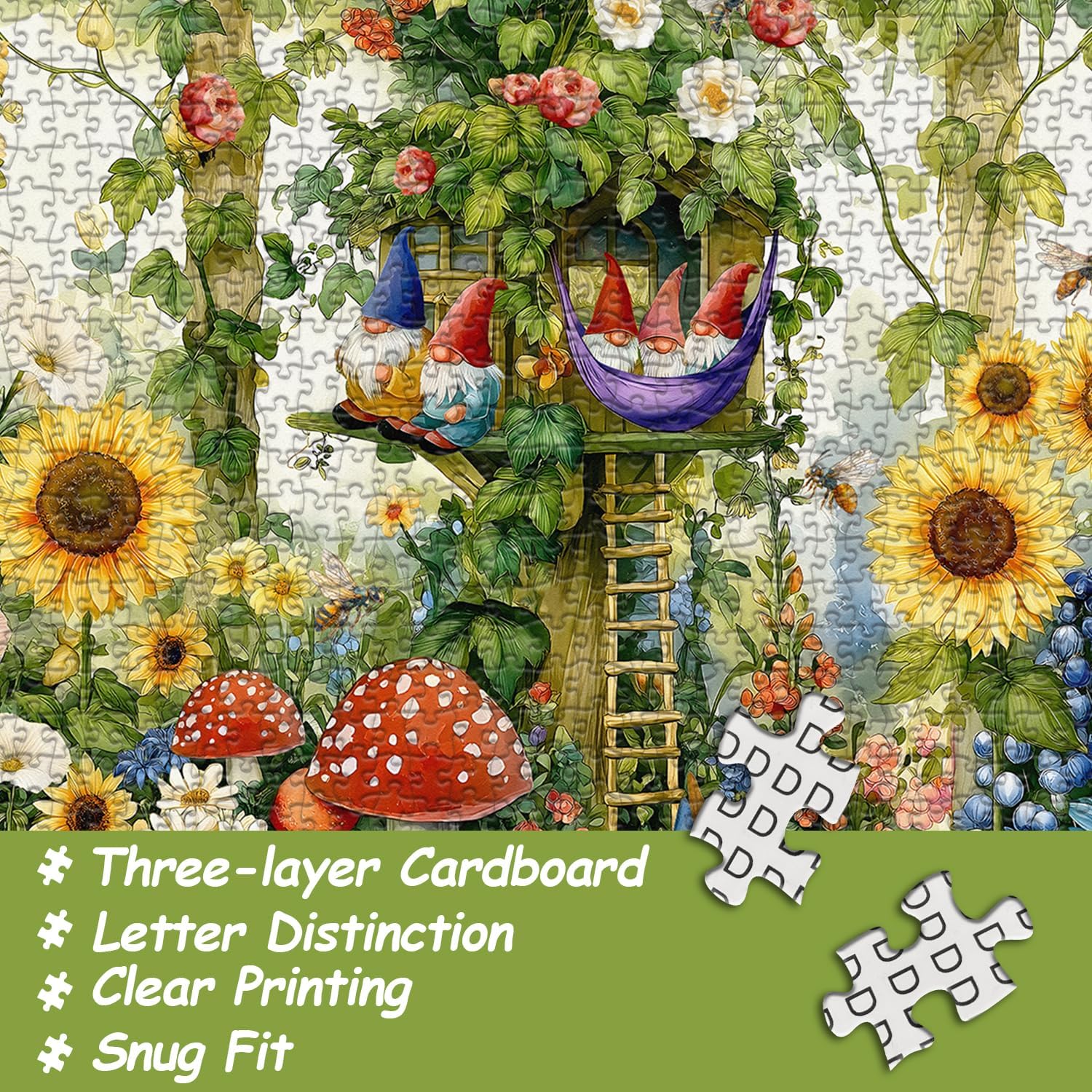 Garden Gnomes Puzzles for Adults 1000 Pieces, Sunflower Plant Bee Themed Jigsaw Puzzles, Nature Treehouse Puzzle with Flower, Funny Gnomes Floral Mushroom Wall Art