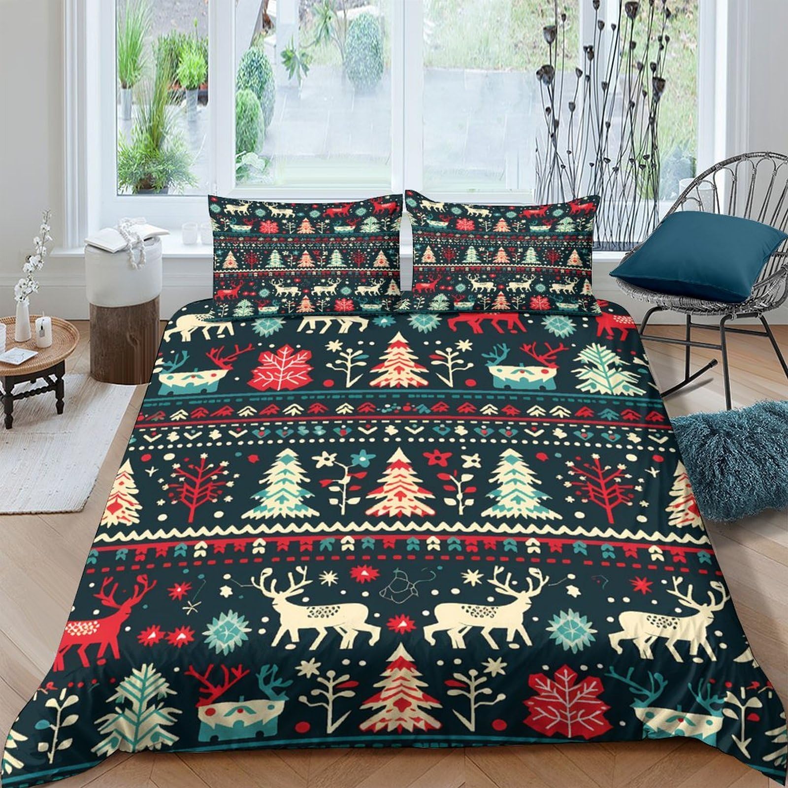 Ctjqhvkz Style-4 3D Printed Christmas Reindeer Fitted Sheet Microfiber Soft Red Green Tree Pattern Bed Cover For Bedroom Guestroom Holiday Decor Single（135X200cm）