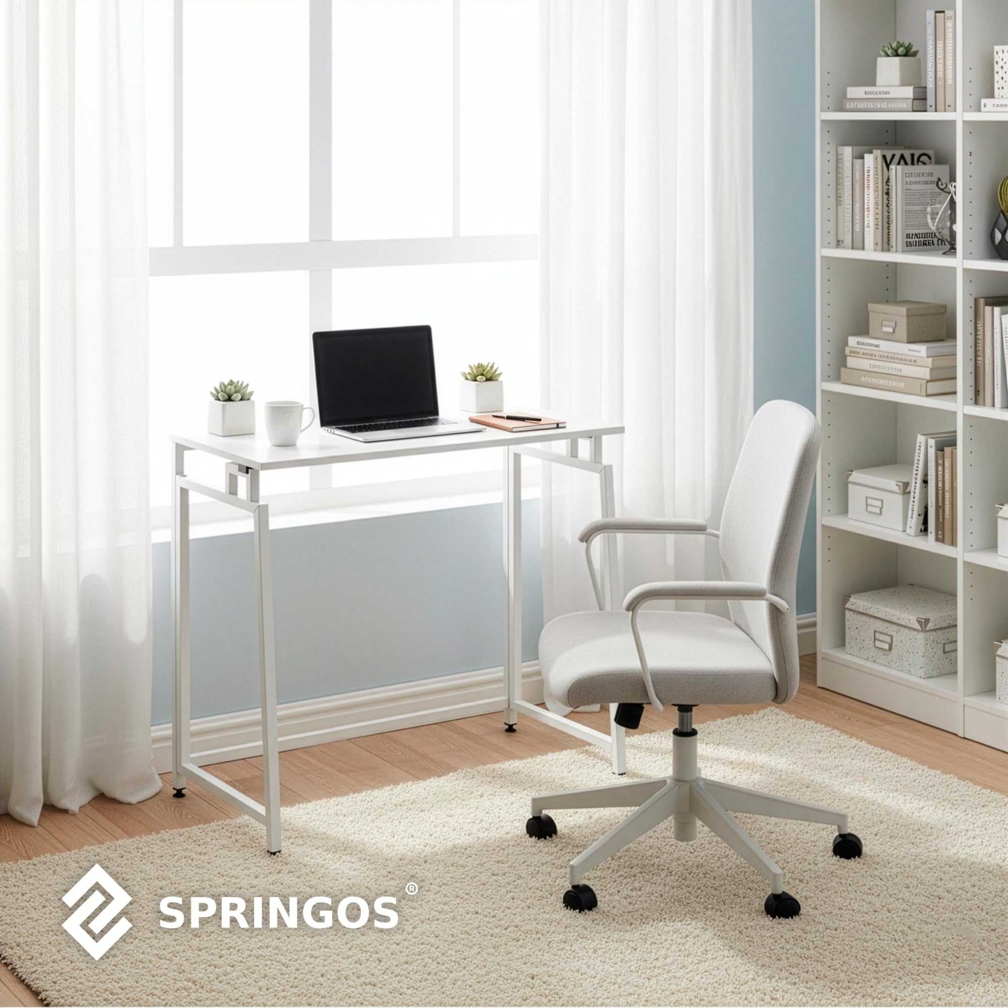 SPRINGOS Scrivania bianca con telaio in metallo e piano in legno, 80 x 40 cm, pieghevole, portata massima 30 kg, piedini regolabili in altezza, facile da montare, moderno tavolo da lavoro