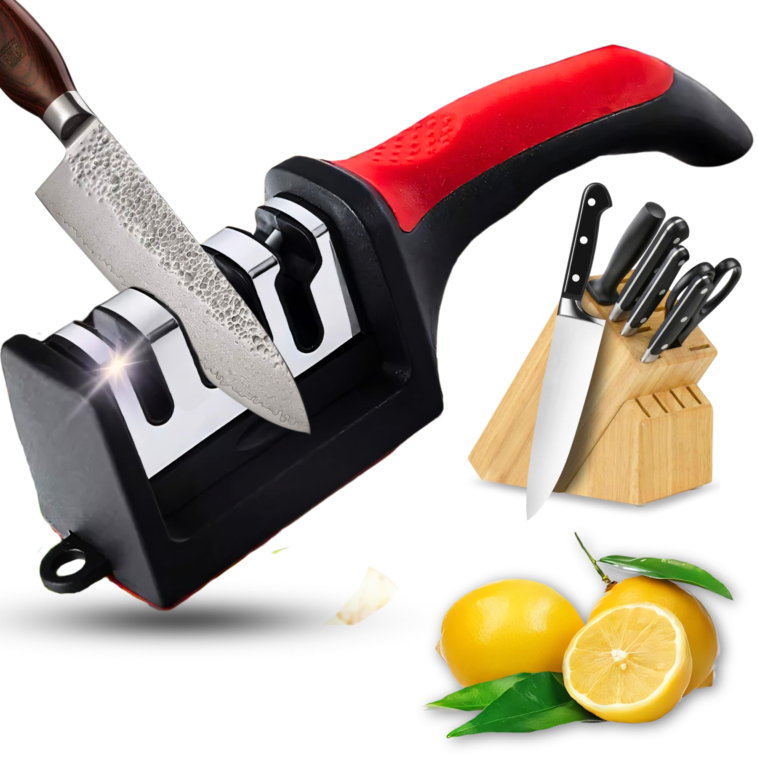 SUPREMIUM4-Stage Knife & Scissor Sharpener - Universal 4-in-1 Manual Kitchen Sharpener, Professional Sharpening & Polishing Tool for Kitchen Knives & Scissors - Multi-Level Sharpening System