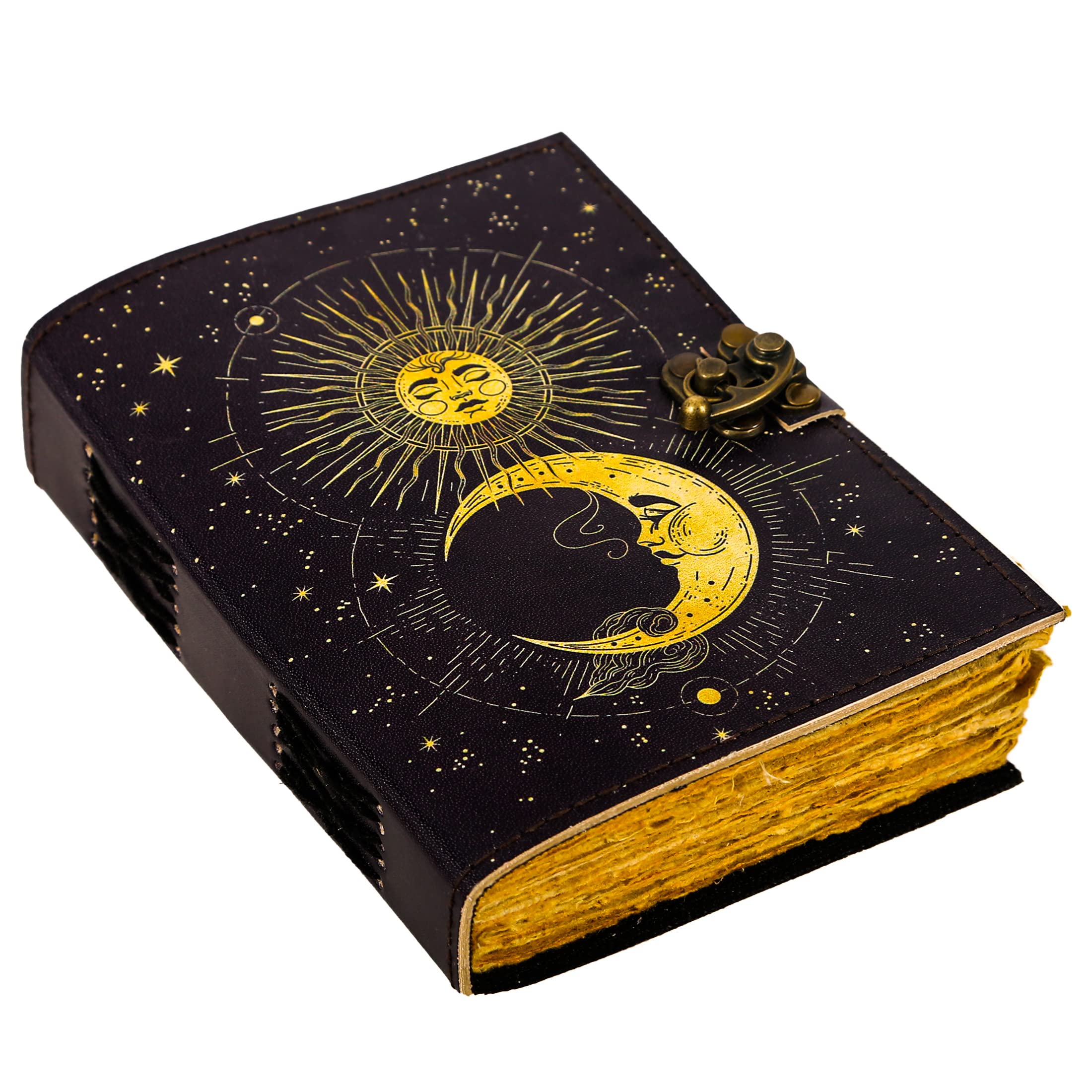 Sun & Moon Vintage Leather Journal for Men & Women 200 Pages of Antique Handmade Deckle Edge Vintage Paper, Leather Sketchbook, Drawing Journal, Printed leather Journal, Great Gift (7 x 5 Inch)