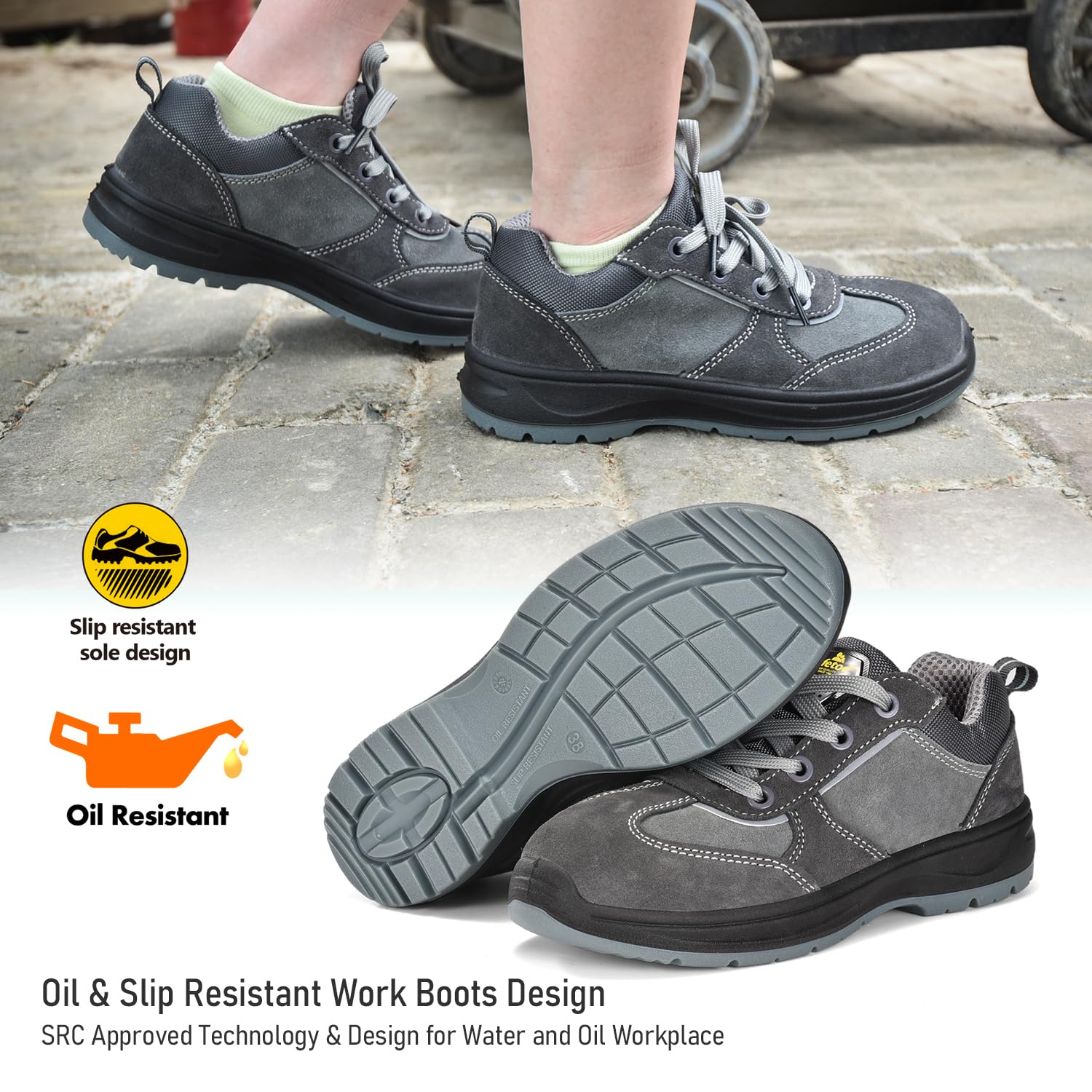 SAFEYEAR Stivali da lavoro leggeri da donna, neri Site Lady senza lacci Dealer scarpe da ginnastica di sicurezza, 4E Wide Fit Composite Toe Cap, pelle impermeabile S3 resistente, comoda soletta in gel
