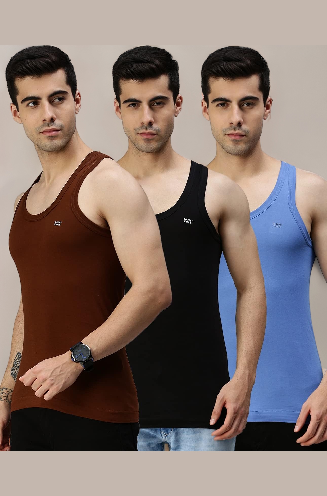 Lux Cozi Men's 100% Cotton Sleeveless Round Neck Regular Fit Vest | Baniyan for Men | Vest for Men Pack of 3