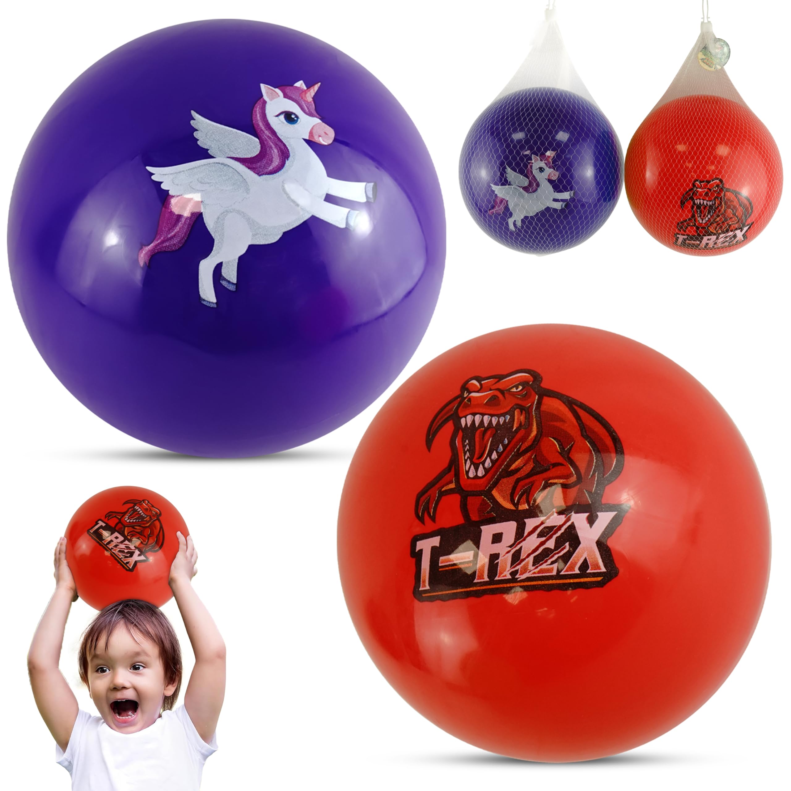 HOVUK 2 Piece Inflated Beach Balls in Red Dinosaur & Purple Unicorn Design, PVC Durable Outdoor Balls for Kids, Bouncy Summer Fun Water Play Balls, 66cm Size