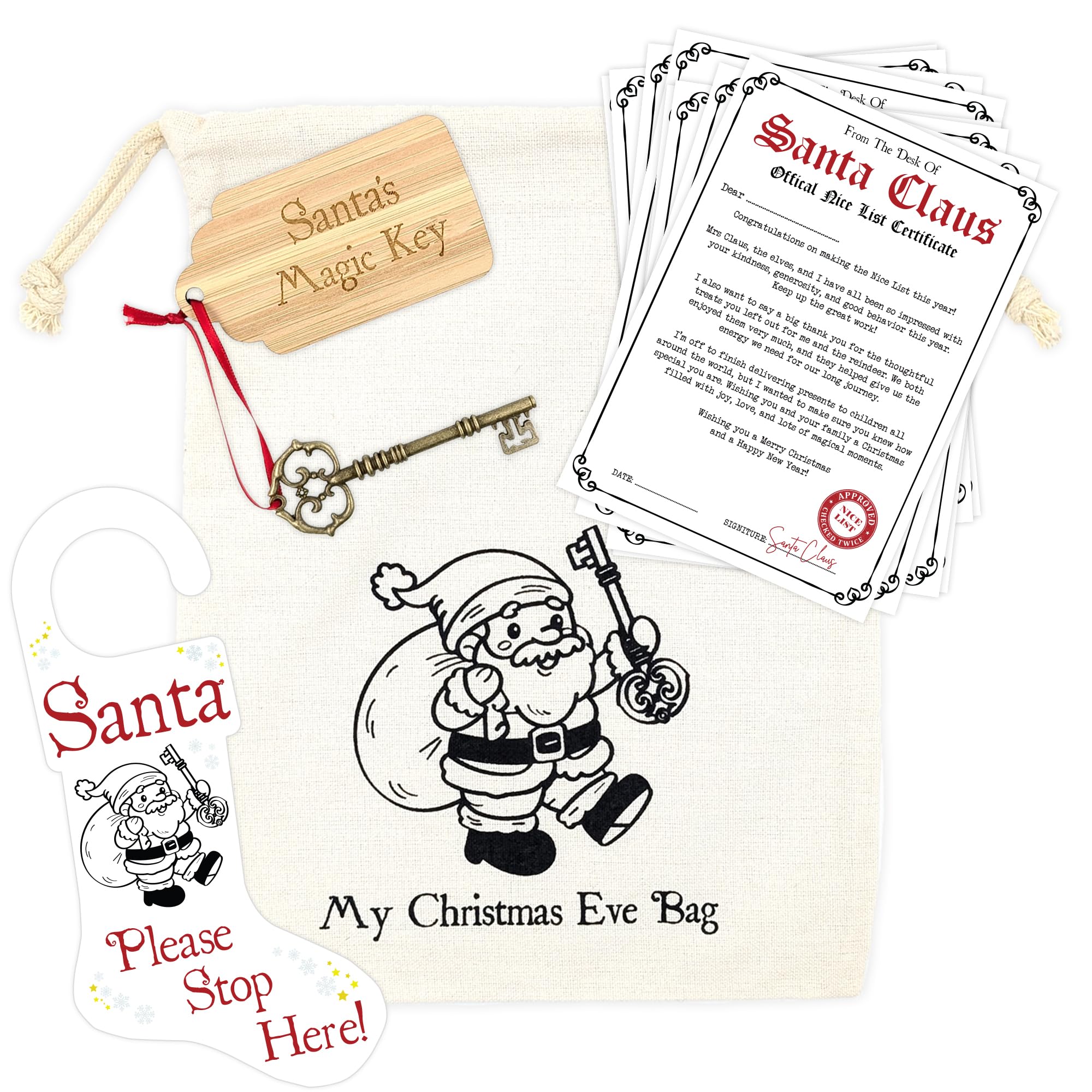 A&M Natural Living Multi-Coloured Santa Key And Christmas Eve Bag Set, Includes 1 X Santas Magic Key, 1 X Bag, 10 X Letters From Santa And 1 X Stocking Door Hanger, The Perfect Traditional For Kids