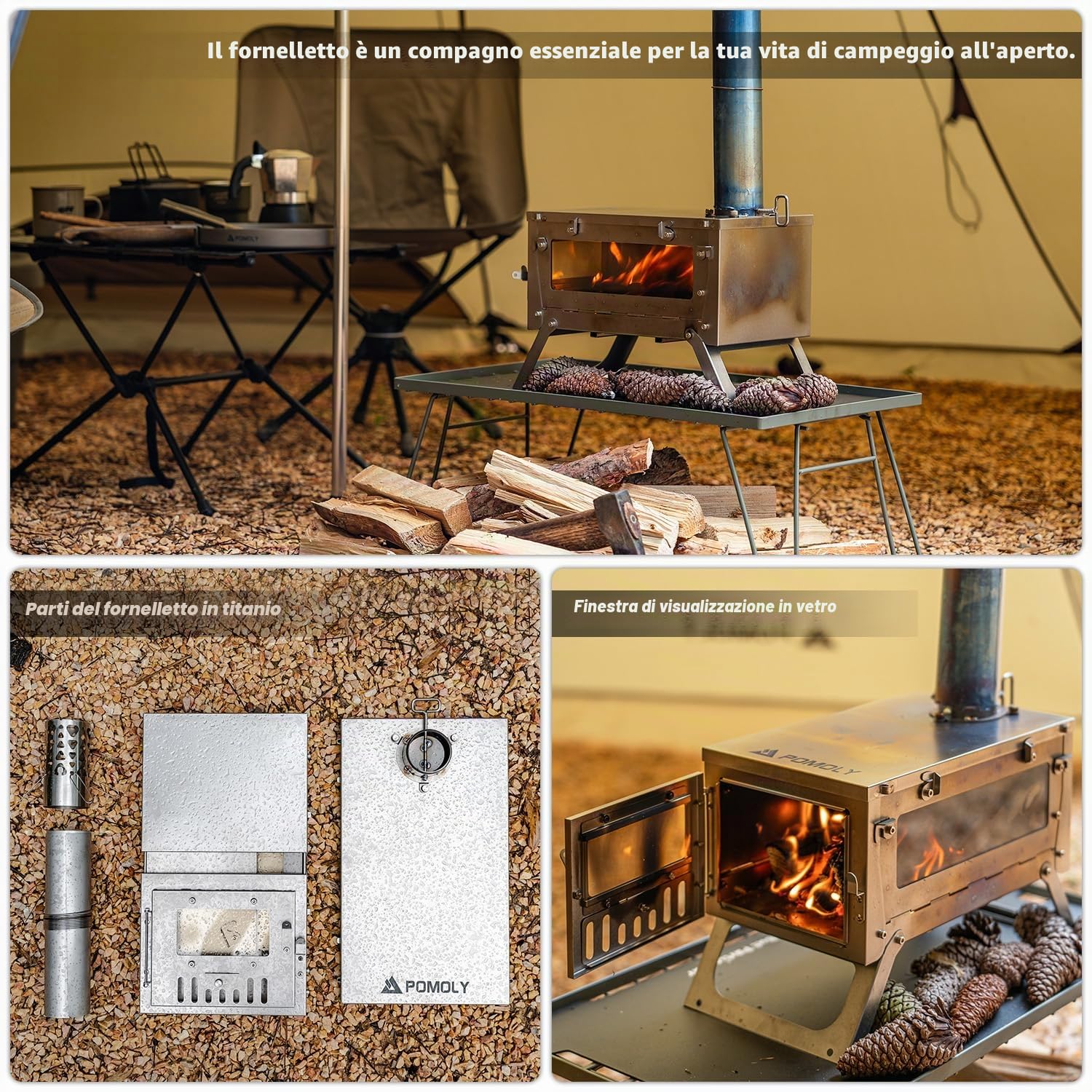 POMOLY Ti Mini 0.6 Stufa a legna per tenda da campeggio portatile in titanio leggero per escursionismo, cucina, riscaldamento (tubo da 2 m)