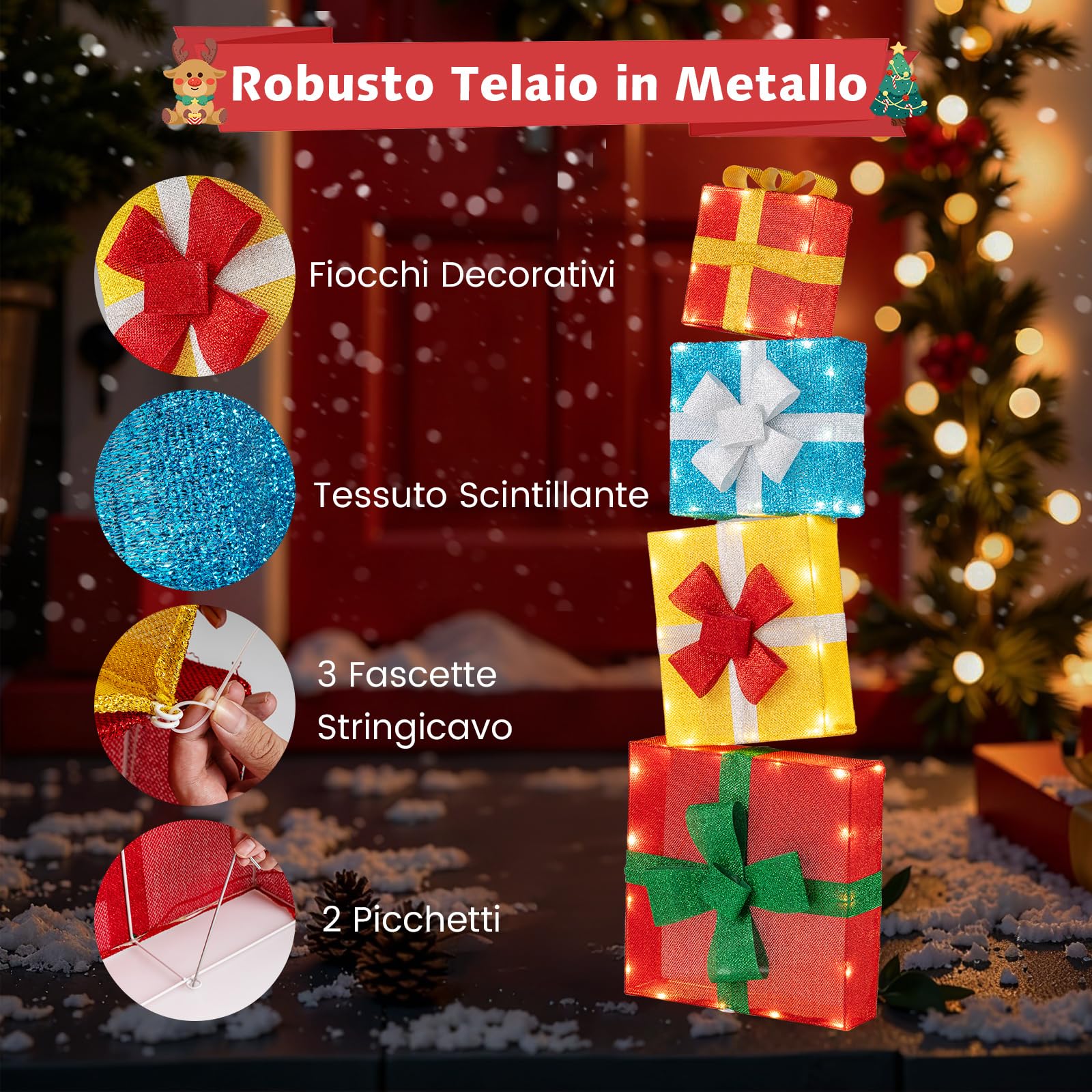 COSTWAY Scatole Regalo per Decorazioni di Natale, Set 2D da 4 Scatole Sovrapposte Preilluminate, Scatole Regalo Impilabili da 120 cm con LED e Fiocchi per Interni ed Esterni, Giardino, Cortile
