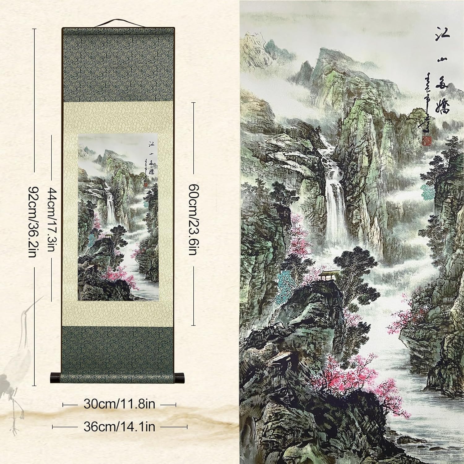 AtfArt Seta Asiatica Decorazione Della Parete - Jiang Shan Duo Jiao Fiume Paesaggio - Bella Arte Cinese Da Parete - Arredamento Orientale (91x30 cm)